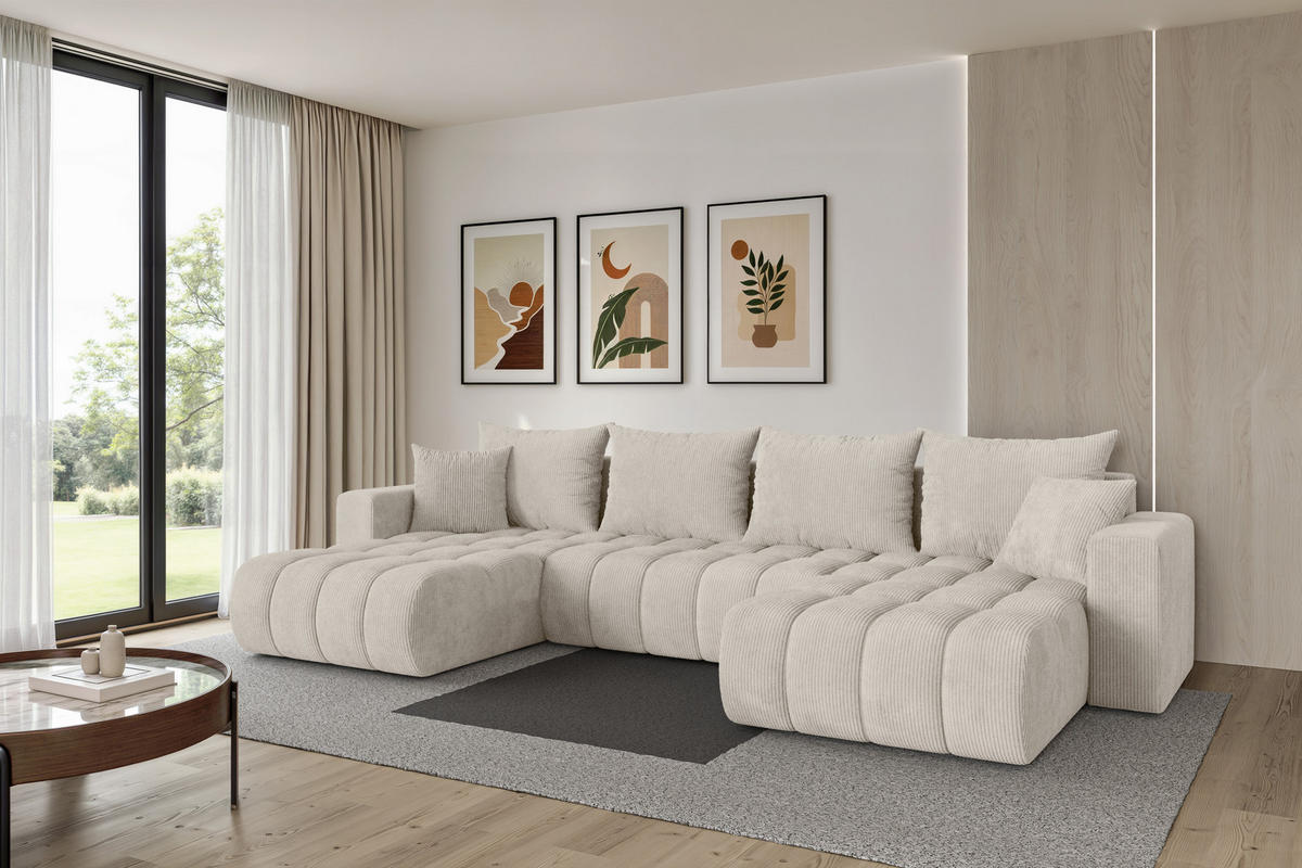 SEDACÍ SOUPRAVA DO U s funkcí spaní a úložným prostorem MILA-U-v1 378x194x86 krémová manšestr - černá/krémová, kompozitní dřevo/textil (378/86/194cm) - ALTDECOR