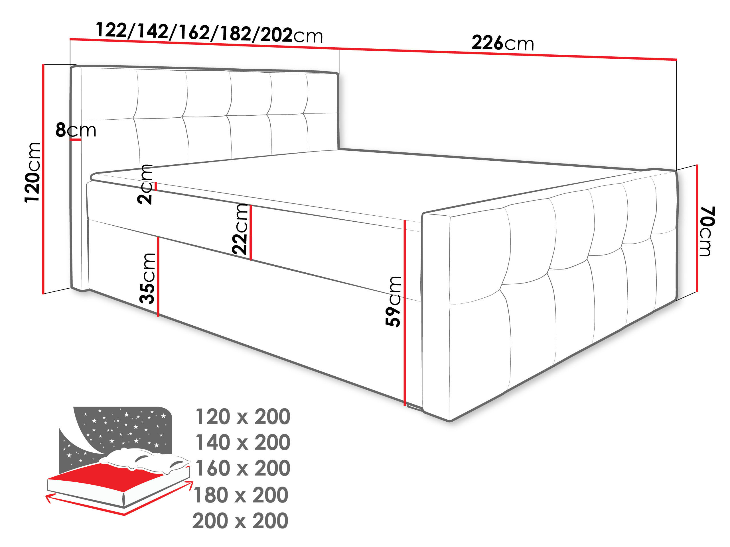 Thumbnail - Mirjan24 Boxbett, Rot, Holz, H3, 200x200 cm, Schlafzimmer, Betten, Boxspringbetten
