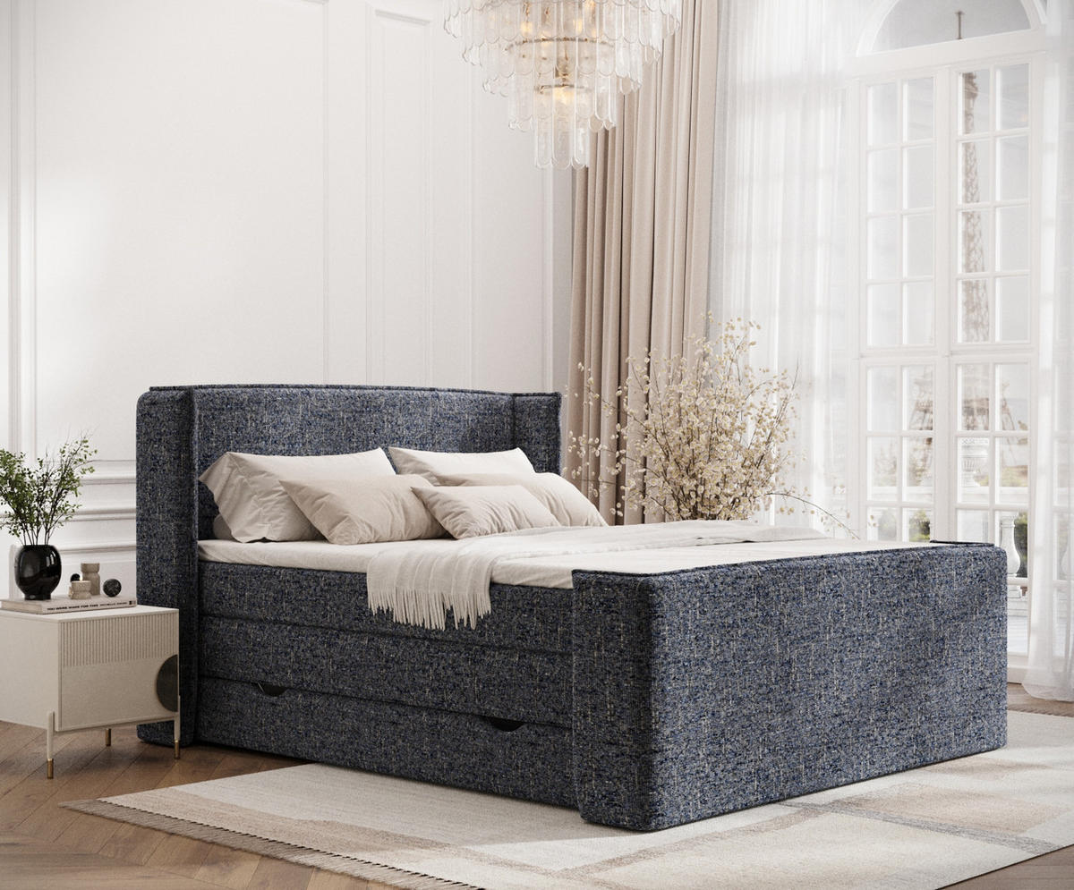 BOXSPRINGBETT Freeland Marineblau 160/200 cm mit Matratze und Topper - Schwarz/Dunkelblau, Holz/Holzwerkstoff (160/200cm) - Maison de Reve