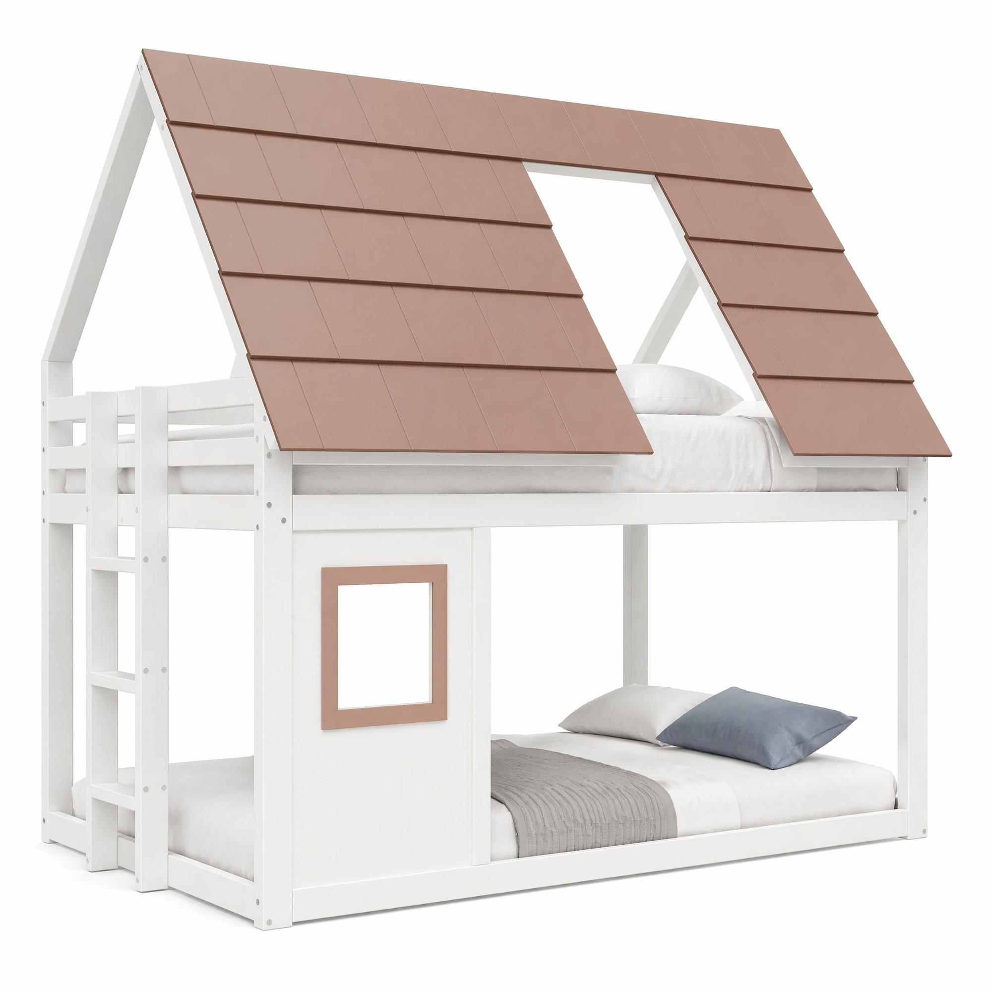 HAUSBETT 140/200 mit Dach, Leiter und Geländer in Weiß und Braun - Weiß/Braun, Holzwerkstoff (140/200cm) - EVRYAE