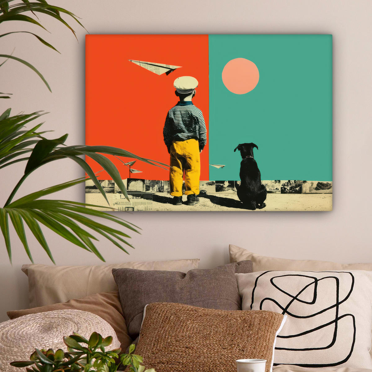 LEINWANDBILD Retro - Junge - Hund - Rot - Grün Wandbilder 80x60 cm - Orange, Textil (80/60cm) - MuchoWow