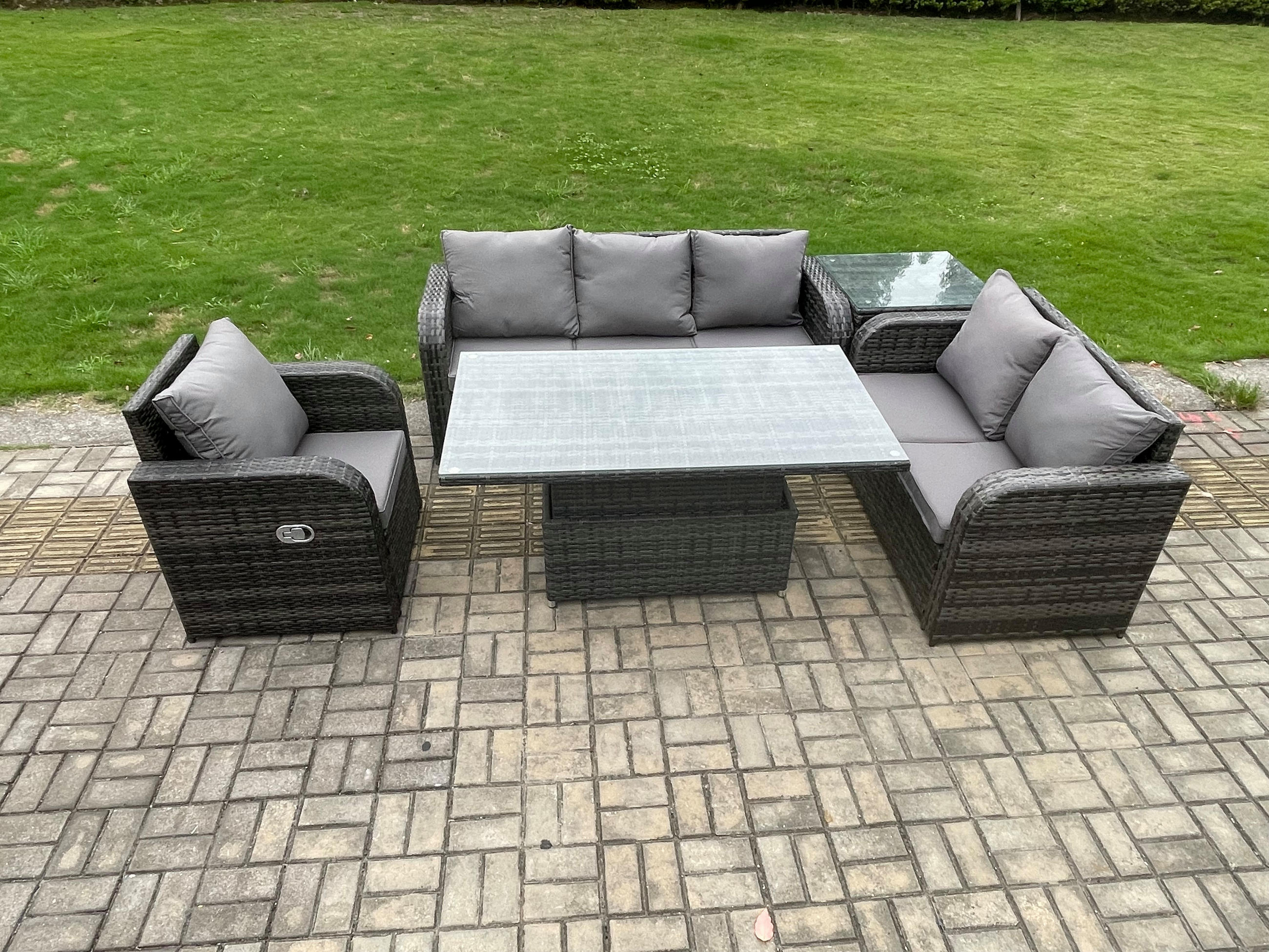 GARTENMÖBEL SET mit Höhenverstellbarer Esstisch 3-Sitzer Sofa 6-Sitzer Grau - Dunkelgrau/Grau, Glas/Kunststoff - Fimous