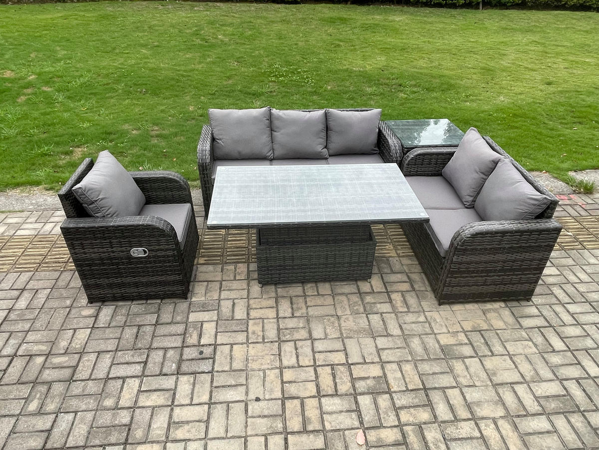 GARTENMÖBEL SET mit Höhenverstellbarer Esstisch 3-Sitzer Sofa 6-Sitzer Grau - Dunkelgrau/Grau, Glas/Kunststoff - Fimous