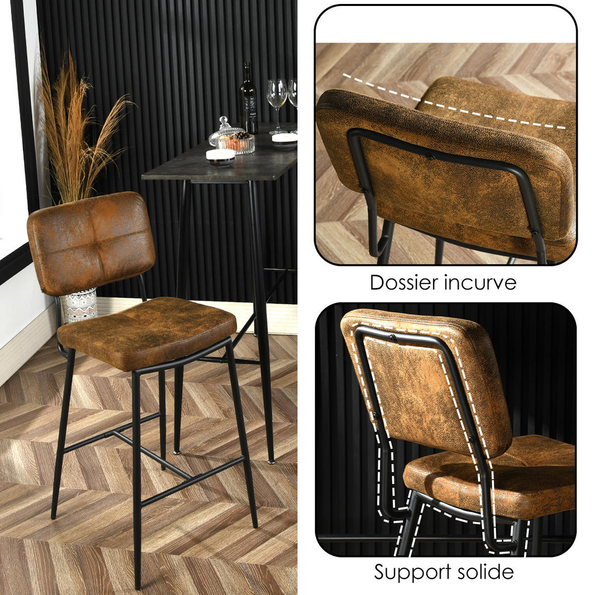 BARHOCKER 4er-Set, 69 cm Sitzhöhe, Gepolsterte Barstühle aus Velourslederimitat mit Rückenlehne und Fußstütze - Braun, Metall (46/102/51cm) - Meubles Cosy