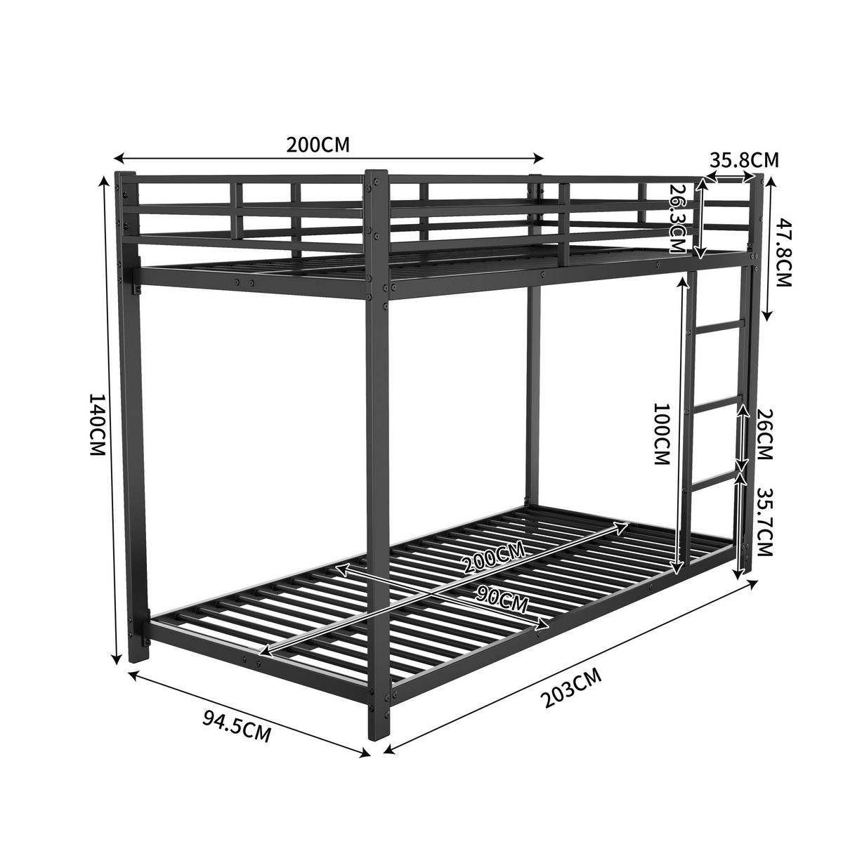 ETAGENBETT 90/200 cm Schwarz Metall mit stabiler Struktur - Schwarz, Metall (90/200cm) - OKWISH