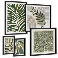 BILDER SET 5er Set - 50x50 cm & 20x30 cm & 40x60 cm Schwarzer Rahmen - Blätter, Wellen – Pastellillustrationen - Schwarz, Kunststoff (40/60cm) - TULUP