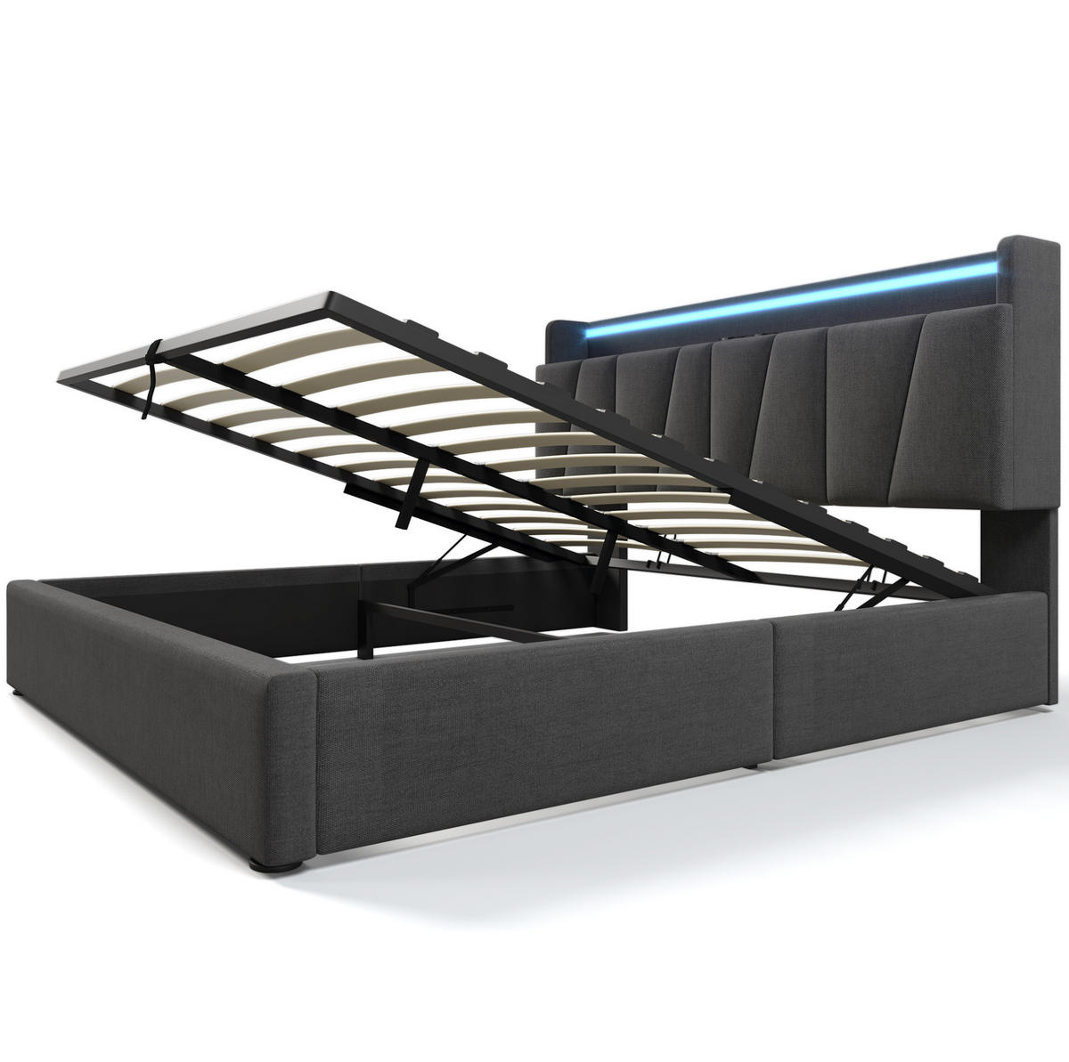 POLSTERBETT aus Leinen 160x200 cm in Grau mit LED-Beleuchtung & Ladestation - Grau, Textil (160/200cm) - Modfu