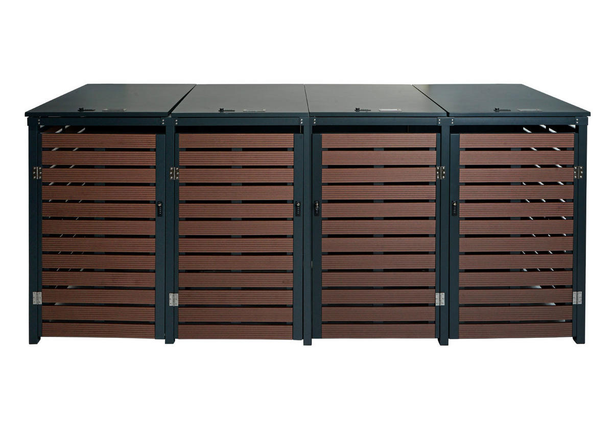 MÜLLTONNENBOX 4er HxBxT 119x264x84cm Walnuss-Holzoptik WPC Metall 130kg - Braun, Metall (264/119/84cm) - PROREGAL
