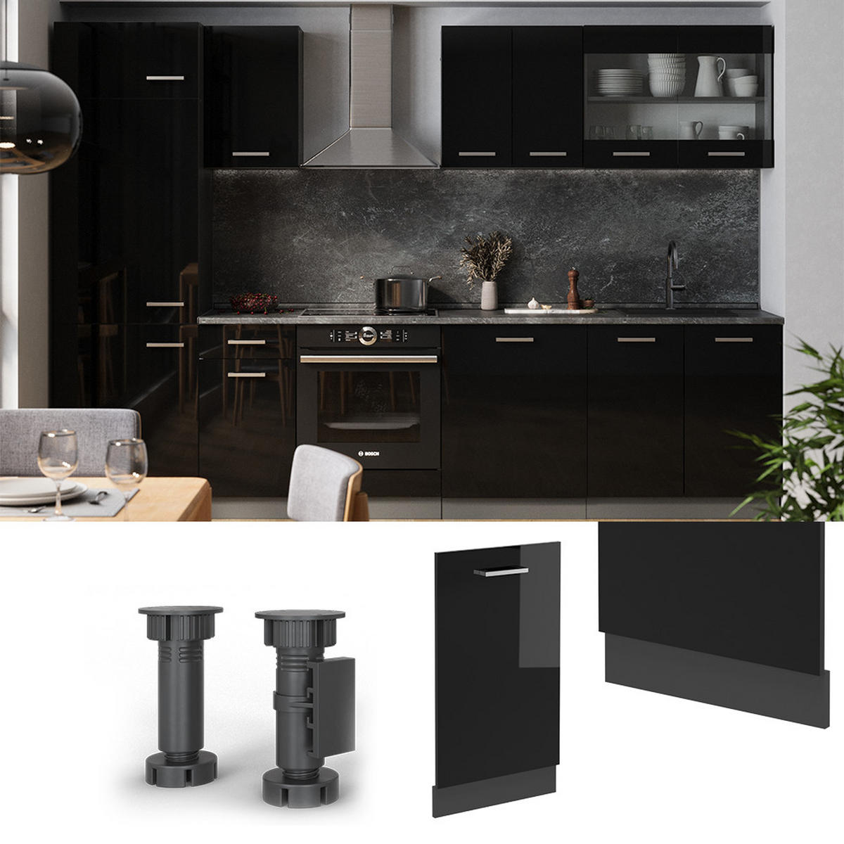 GESCHIRRSPÜLBLENDE R-Line Schwarz Hochglanz 45 cm ohne Arbeitsplatte - Schwarz Hochglanz/Anthrazit, Holzwerkstoff (45/81.8/1.6cm) - Vicco