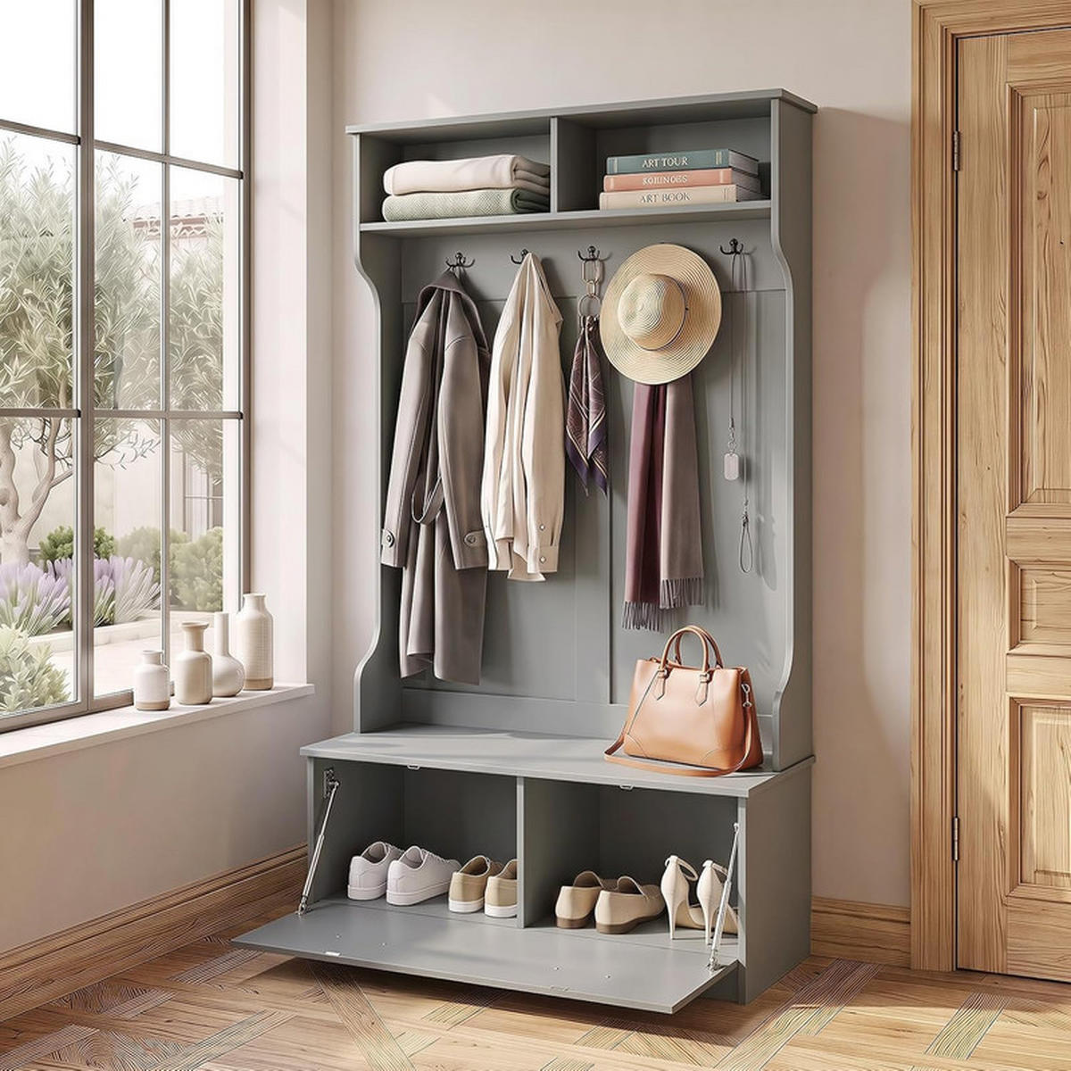 GARDEROBENSTÄNDER mit Schuhschrank grau - Grau, Holzwerkstoff (100/180/71cm) - COSTWAY