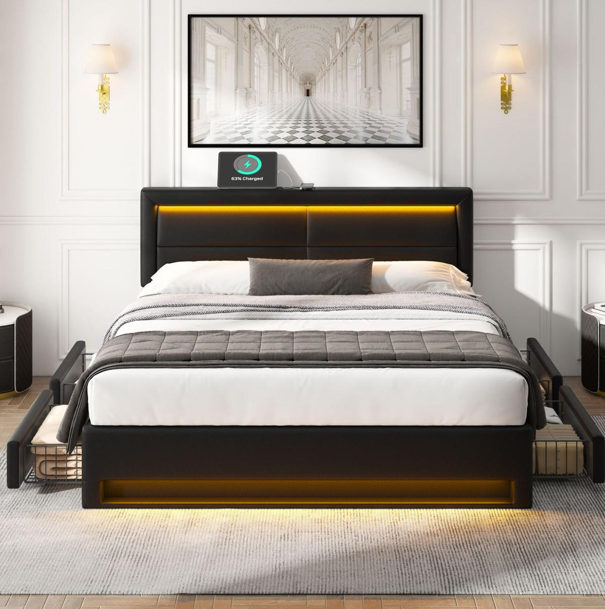 TAPECIRANI krevet od PU materijala 140x200 cm crni s LED rasvjetom, USB punjenjem i 4 ladice - crna, koža (140/200cm) - Modfu