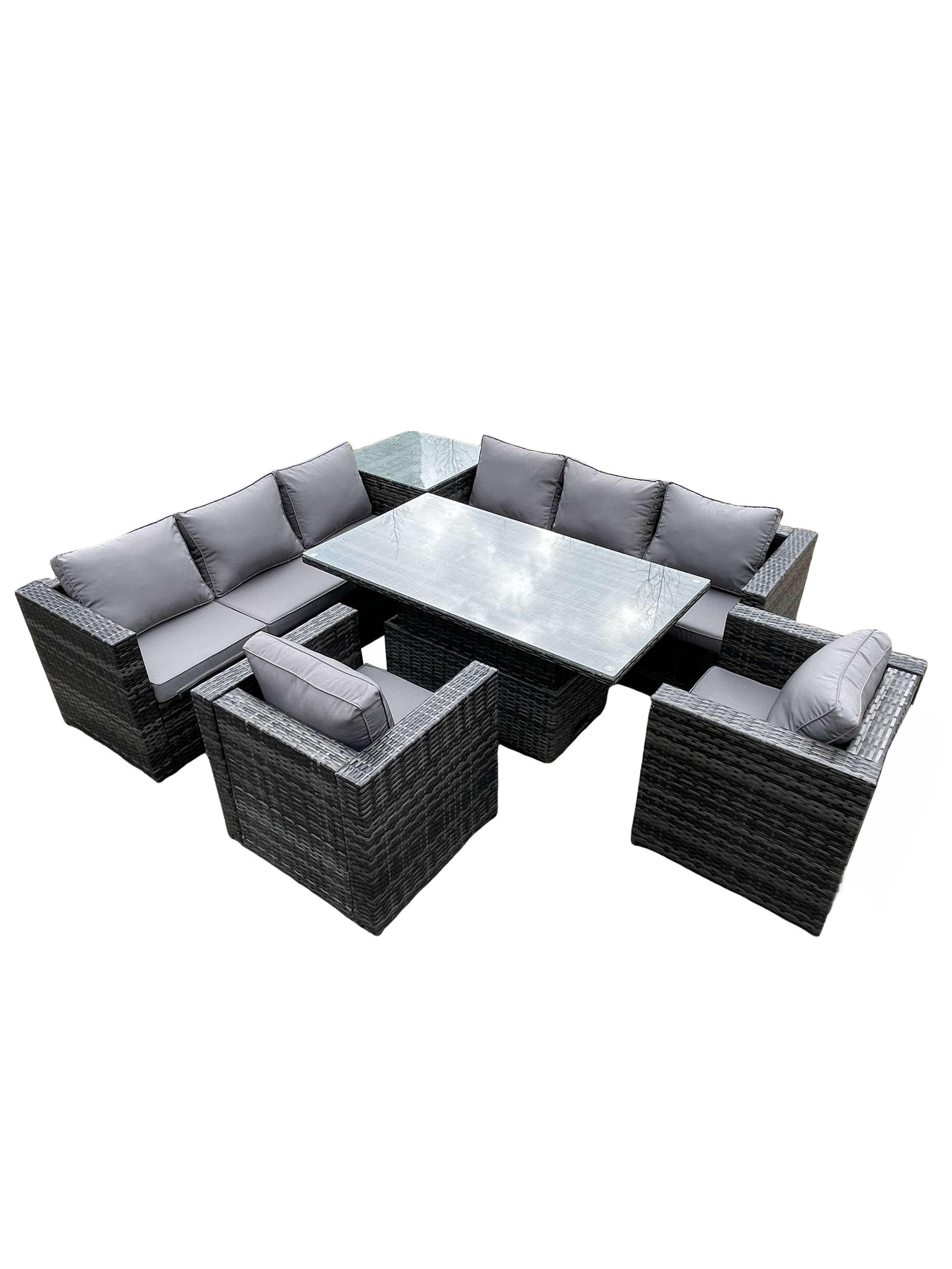 GARTENTISCHGRUPPE Polyrattan 8-Sitzer - Dunkelgrau/Grau, Glas/Kunststoff - Fimous