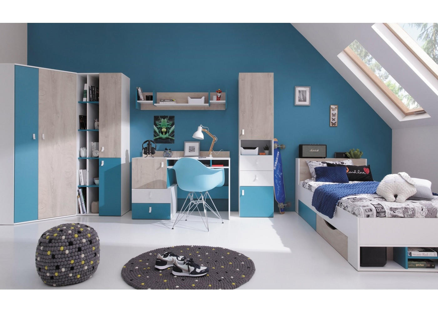 JUGENDZIMMER Space Set A mit Bett 90 x 200 - Weiß-Eiche-Türkis - Türkis/Eichefarben, Holzwerkstoff (90/190/90cm) - QMM TraumMöbel