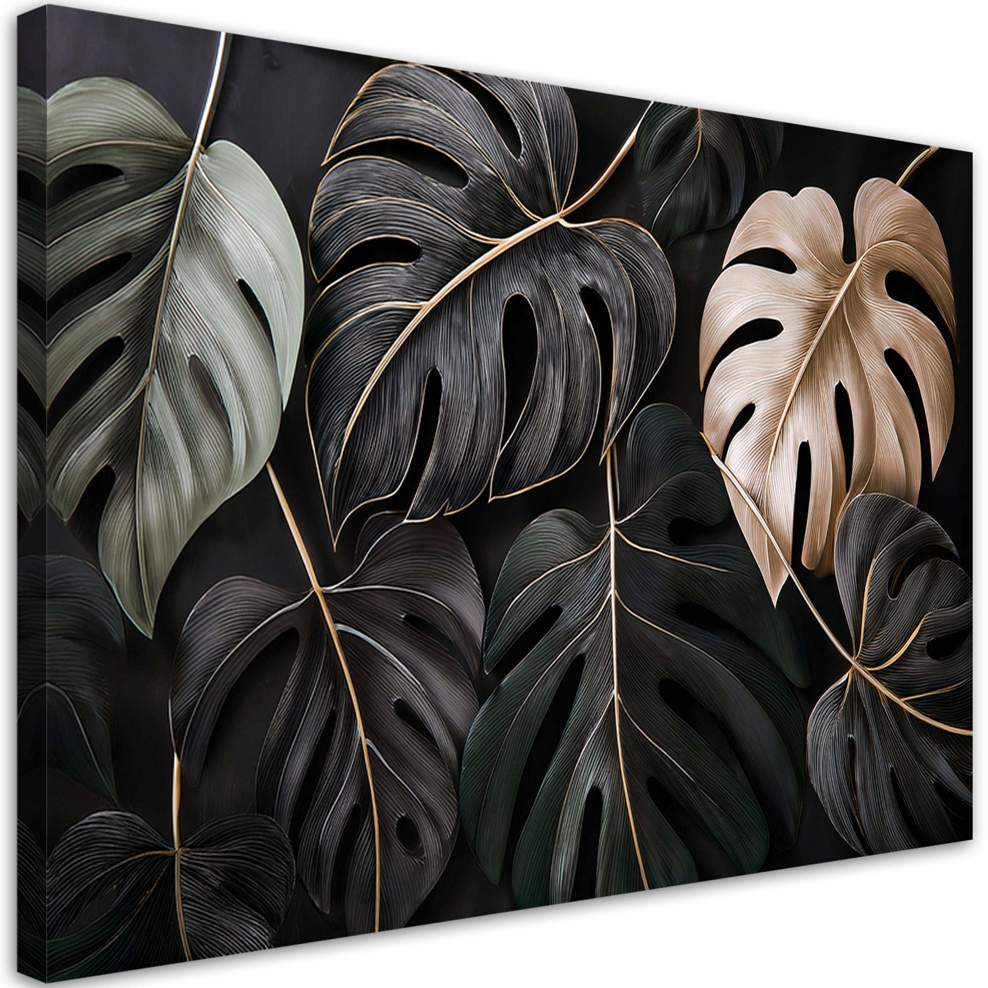 WANDBILD monstera hinterlässt tropische pflanzen - Schwarz, Textil (60/40cm) - Feeby