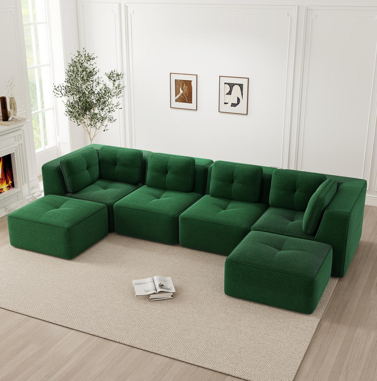 ECKSOFA 386/177/69 cm modular grün aus Cord ohne Aufbau und rutschfest - Grün, Textil (177/386cm) - OKWISH