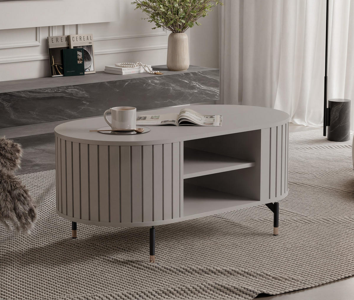 COUCHTISCH geriffelt, mit Ablage, Kaschmir - Kaschmir, Holzwerkstoff (47/104/56cm) - Idohome
