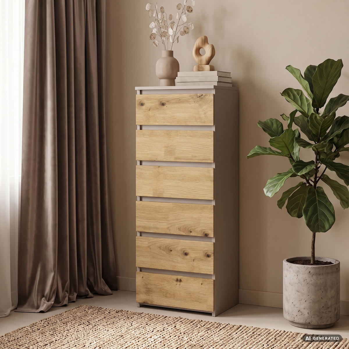 KOMMODE CL6 Kaschmir 40 cm 6 Schubladen Front Artisan-Eiche B40xH109xT35 cm - Beige/Braun, Holzwerkstoff (40/109/35cm) - Akord