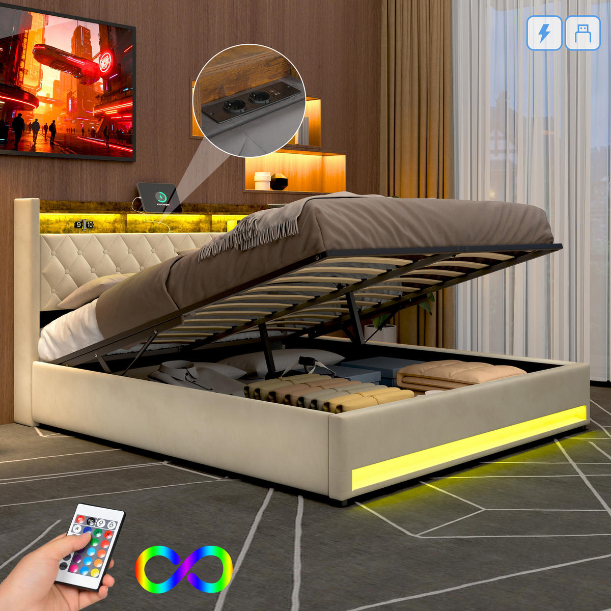 POLSTERBETT 160/200 cm mit Matratze und Bettkasten Boxspringbett mit Steckdose und LED-Licht, in Beige - Beige, Holzwerkstoff/Textil (160/200cm) - STILVORA