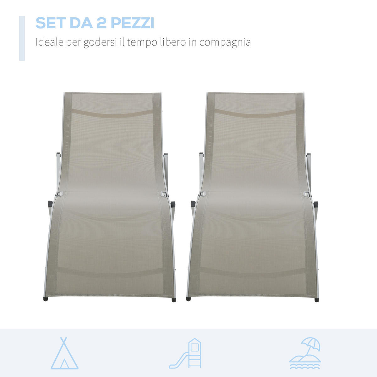 SONNENLIEGE Set mit 2 klappbaren 61 x 165 x 63 cm - Grau, Metall (165/63/61cm) - Vallsero