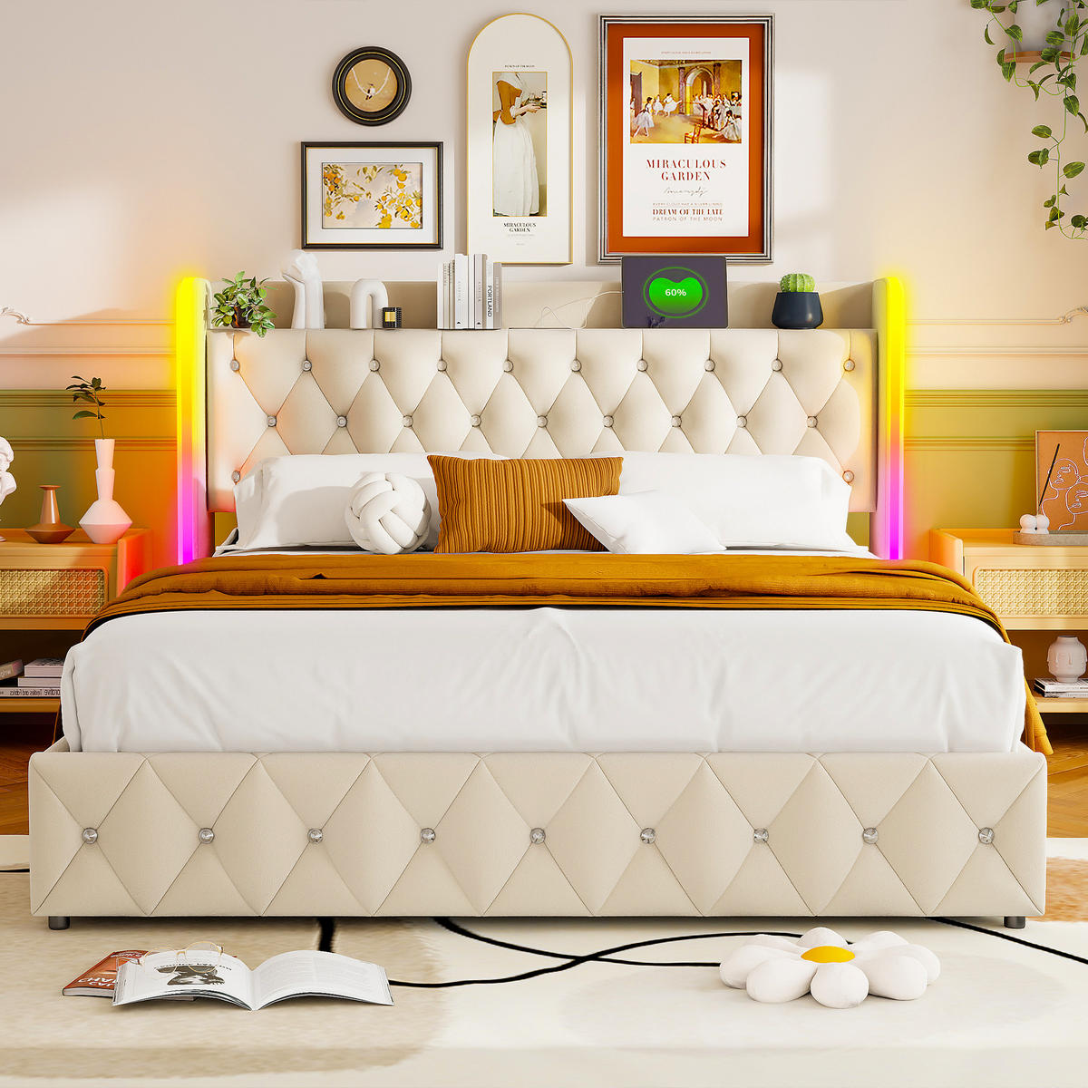 POLSTERBETT 160x200 mit LED, USB & Stauraum, Kunstleder, beige - Beige, Metall (160/200cm)