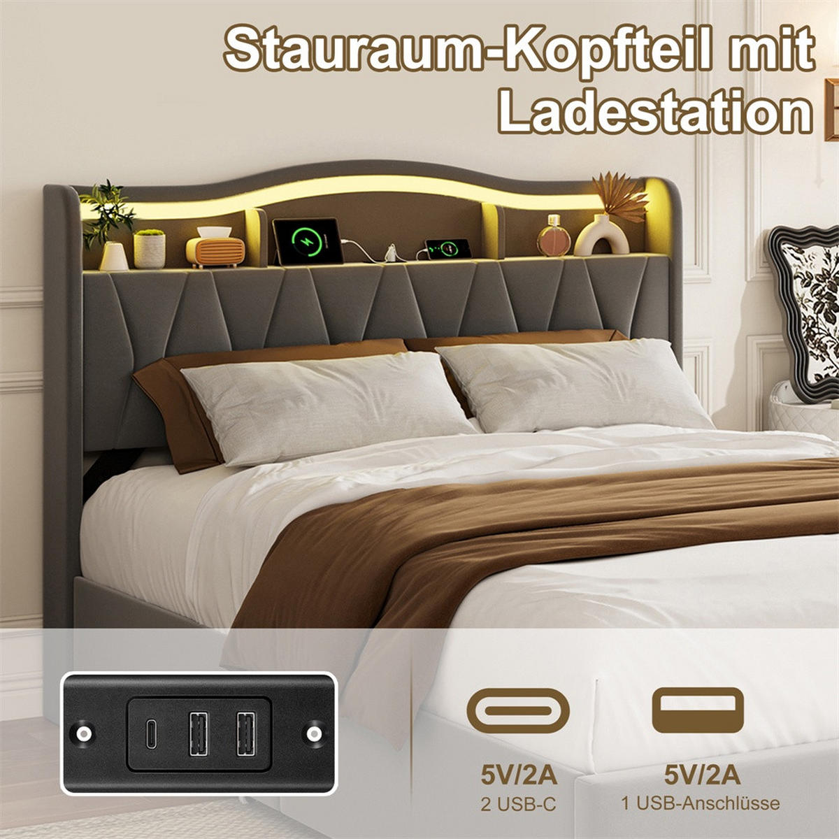 POLSTERBETT 140x200cm - Doppelbett mit 4 Schubladen - RGB-LED-Beleuchtung - Stauraum-Kopfteil - ohne Matratze - Grau - Grau, Textil (140/200cm) - DELFA