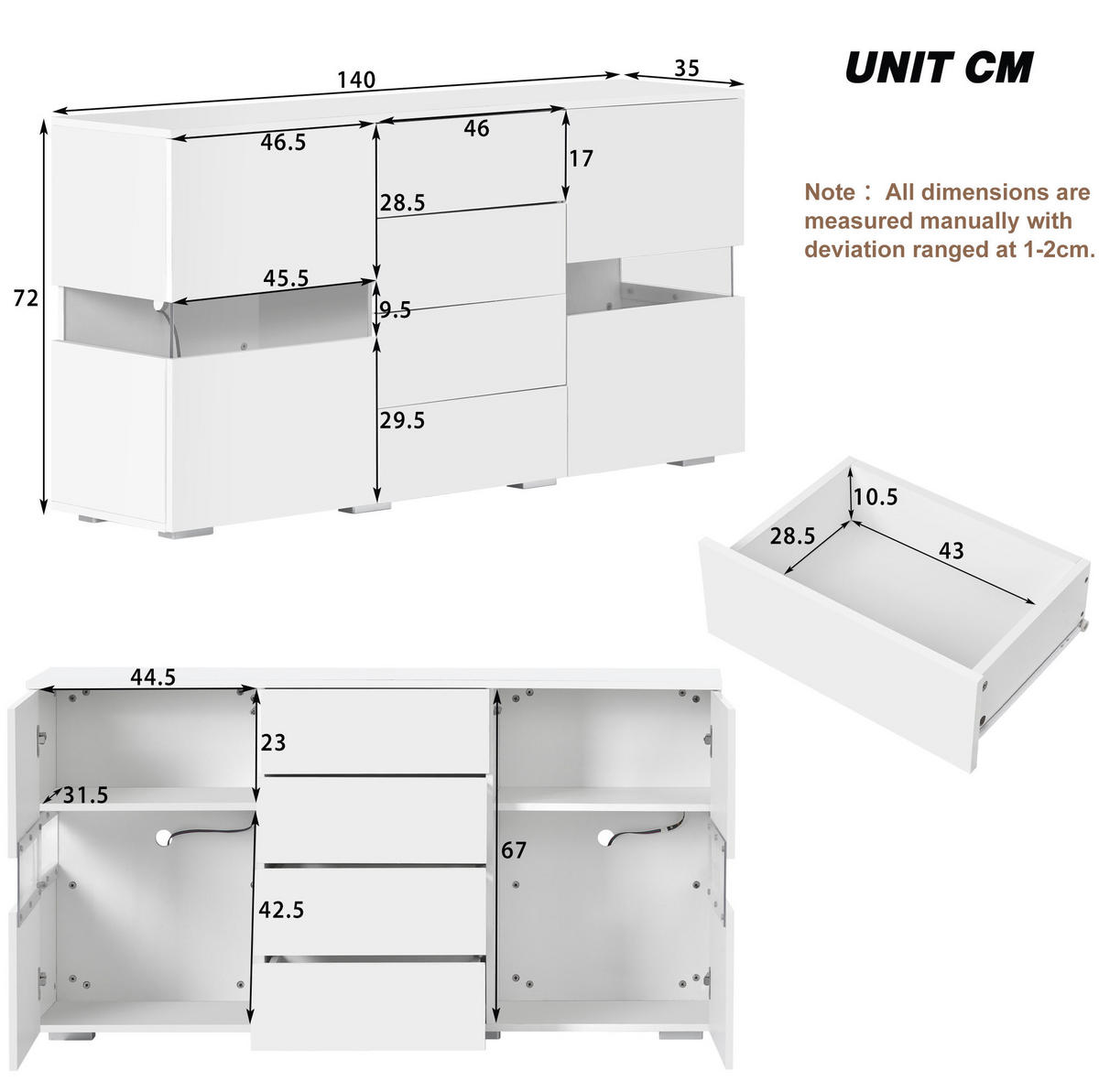 SIDEBOARD aus MDF 140x35x72 cm Weiß mit LED-Beleuchtung, 4 Schubladen und 2 Acryltüren - Weiß, Holzwerkstoff (140/72/35cm) - IVMEU
