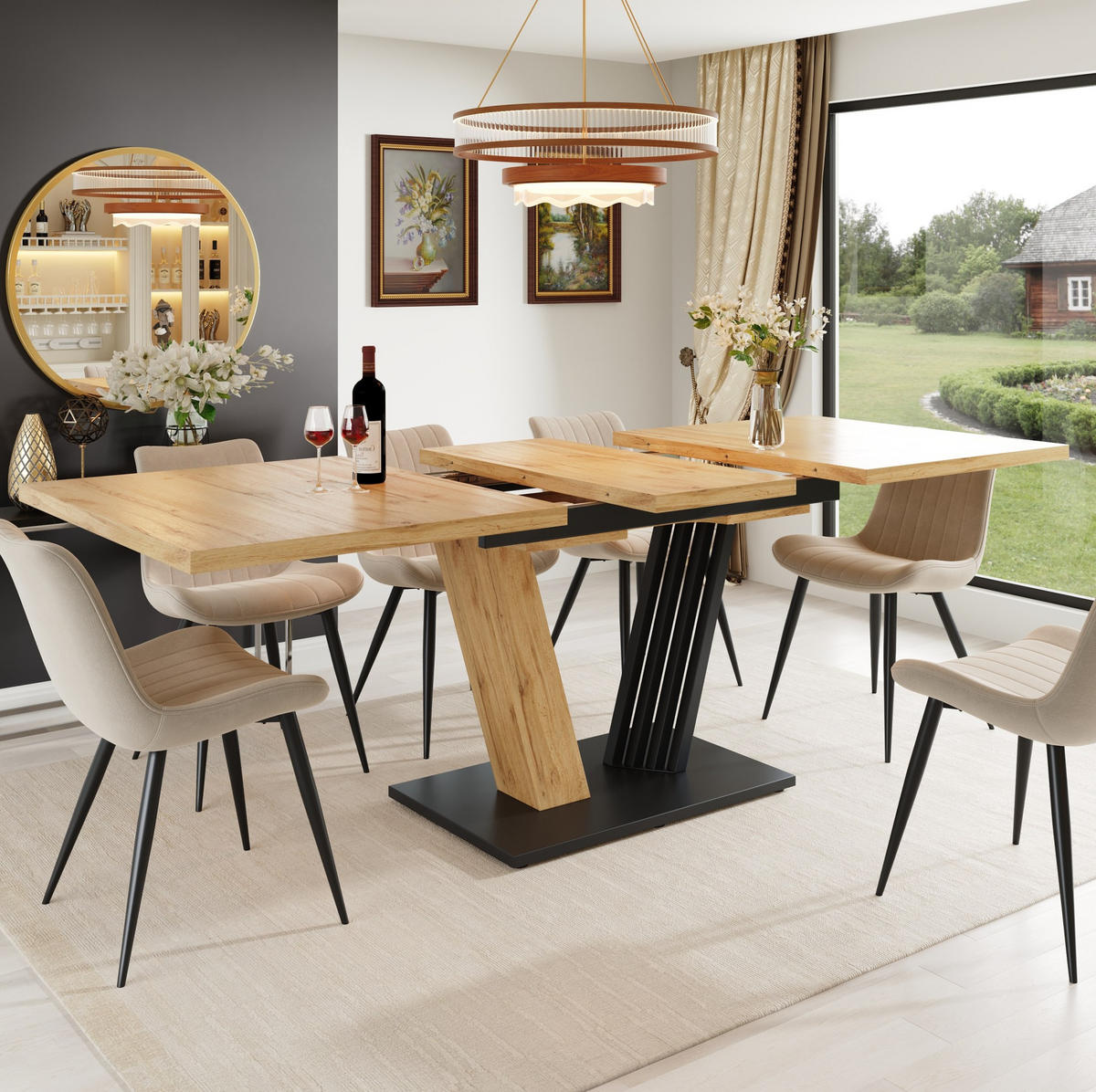 AUSZIEHTISCH aus MDF und Metall 120(160)x80x76 cm Holzoptik mit höhenverstellbaren Füßen und flügelförmigen Beinen - Naturfarben, Holzwerkstoff (120/80/76cm) - Modfu