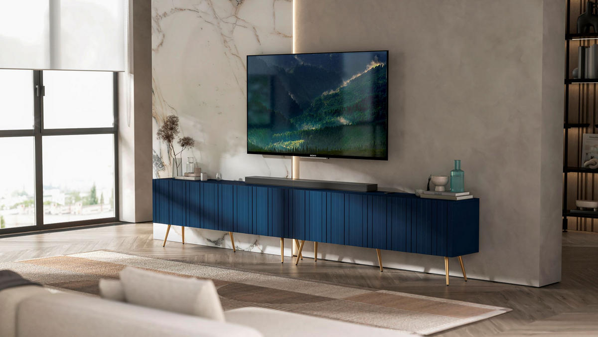 TV-LOWBOARD 2-er Set Elpis Marineblau mit goldenen Metallbeinen 150 cm - Blau/Goldfarben, Holzwerkstoff (300/60.5/36.5cm) - Meble Lindner