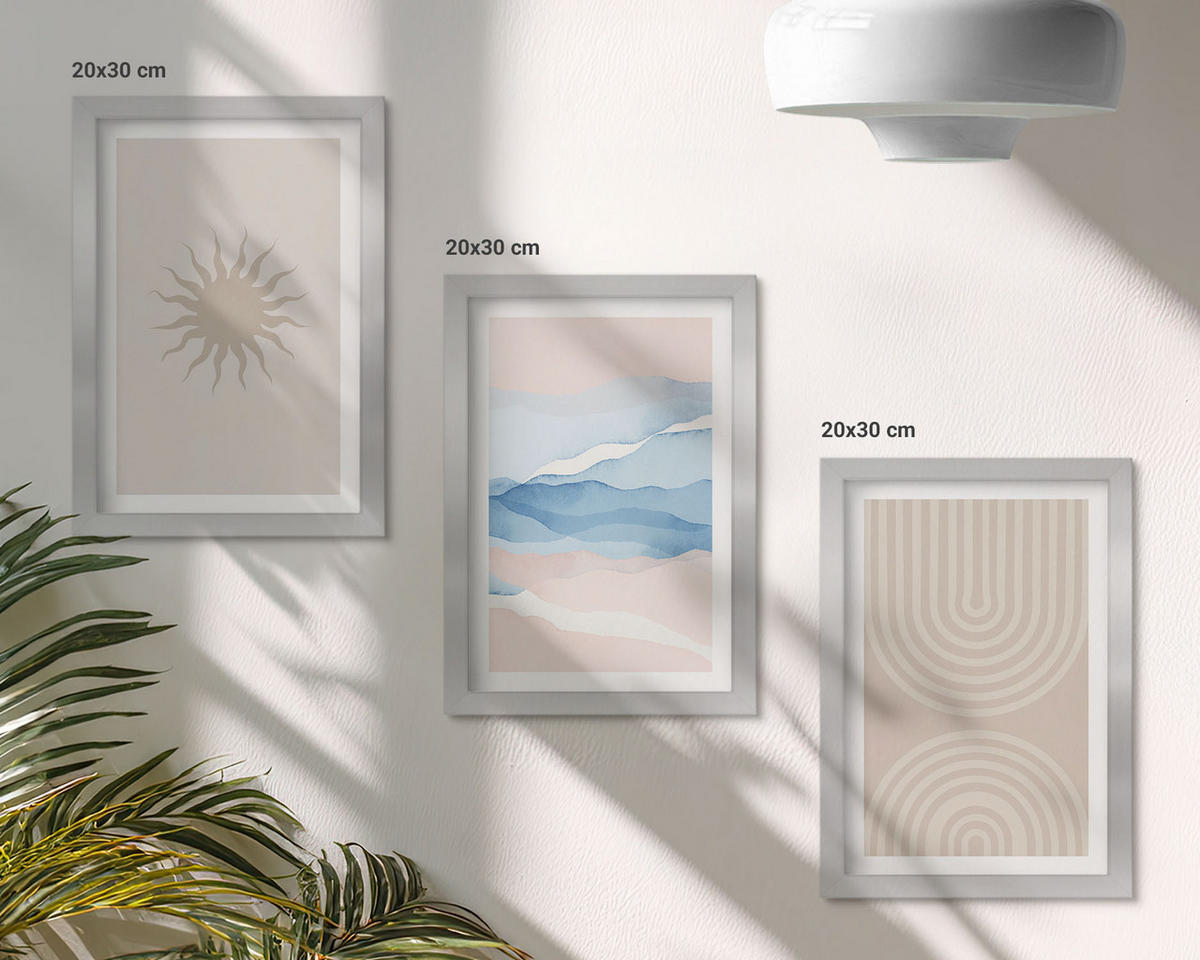 WANDBILDER 3er Set - 20x30 cm Silberner Rahmen - Sonnenwellen abstrakte Linien Pastell - Silberfarben, Kunststoff (20/30cm) - ArtPrintCave