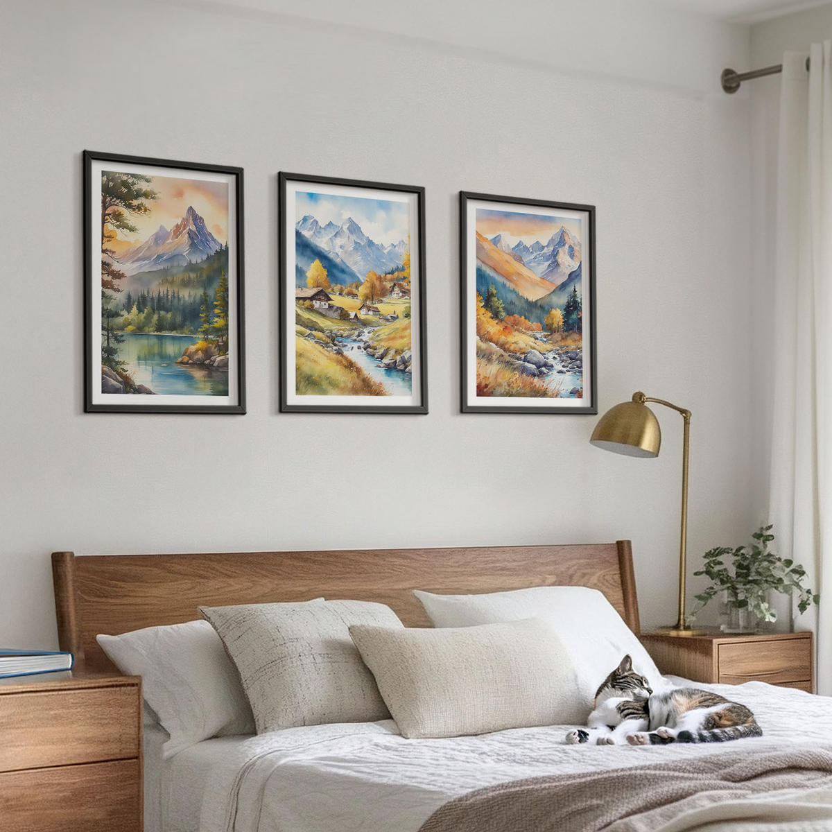 WANDBILDER 3er-Set - 40x60 cm Schwarzer Rahmen - Berglandschaft mit einem Fluss - Schwarz, Kunststoff (40/60cm) - ArtPrintCave