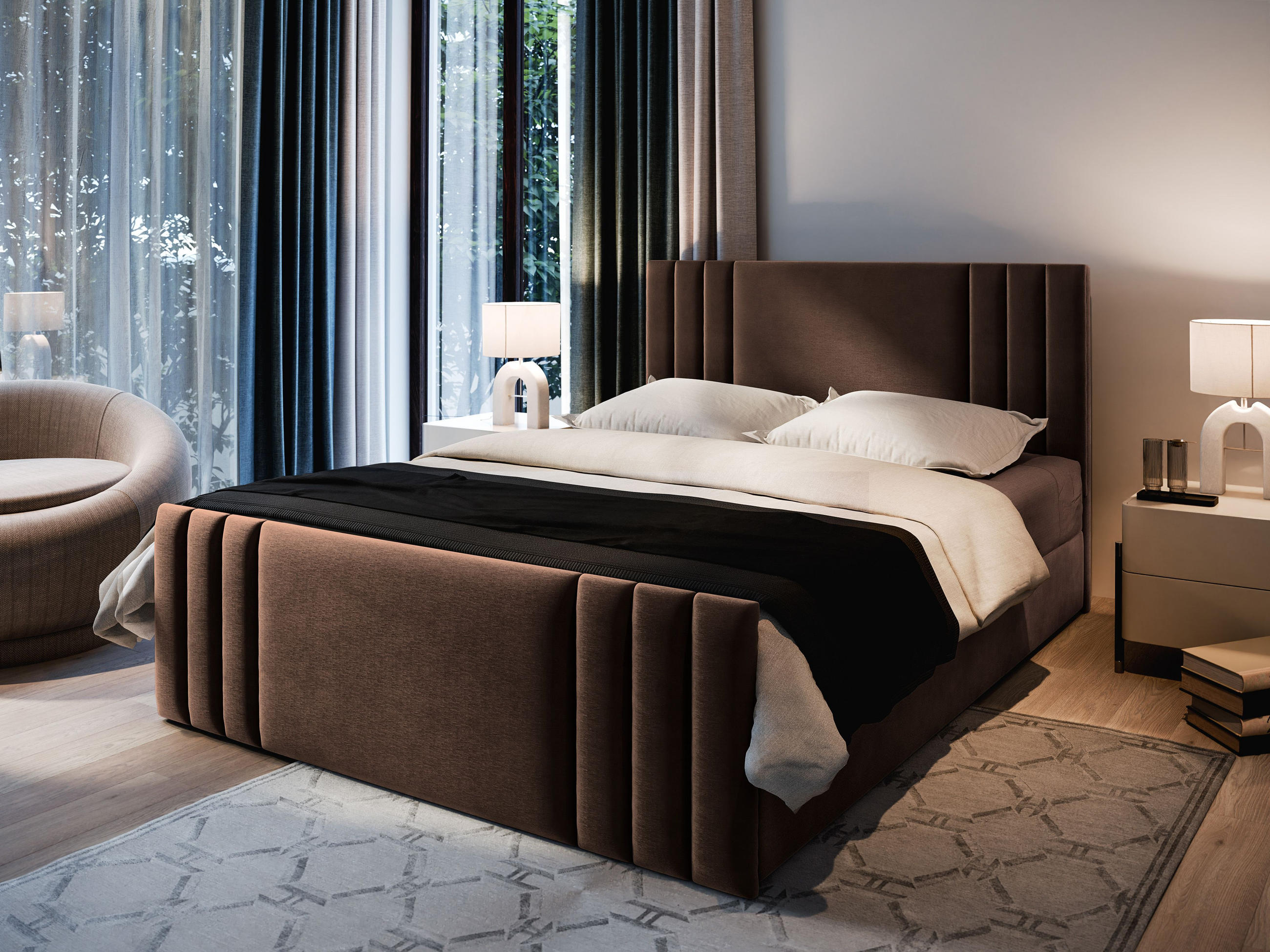 BOXBETT KANES 180x200 cm mit Matratze und Topper - Braun - Braun, Holz (180/200cm) - MASSENO