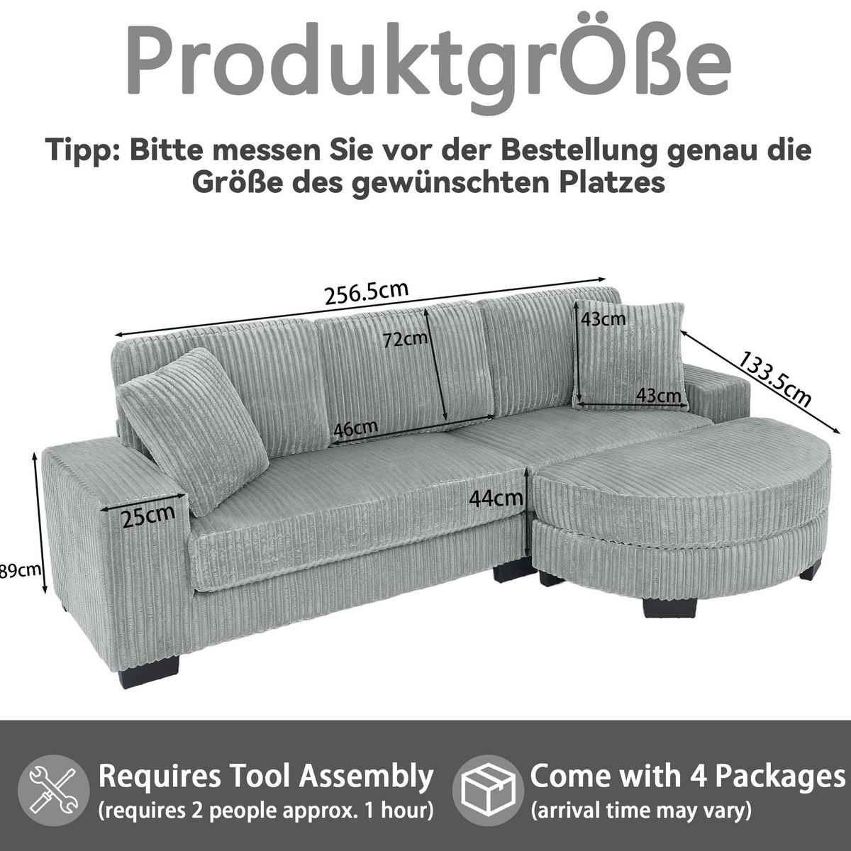 ECKSOFA 256,5/133,5/89 cm grau aus Corduroy mit wechselbarem Hocker - Grau, Kunststoff (133.5/256.5cm) - OKWISH