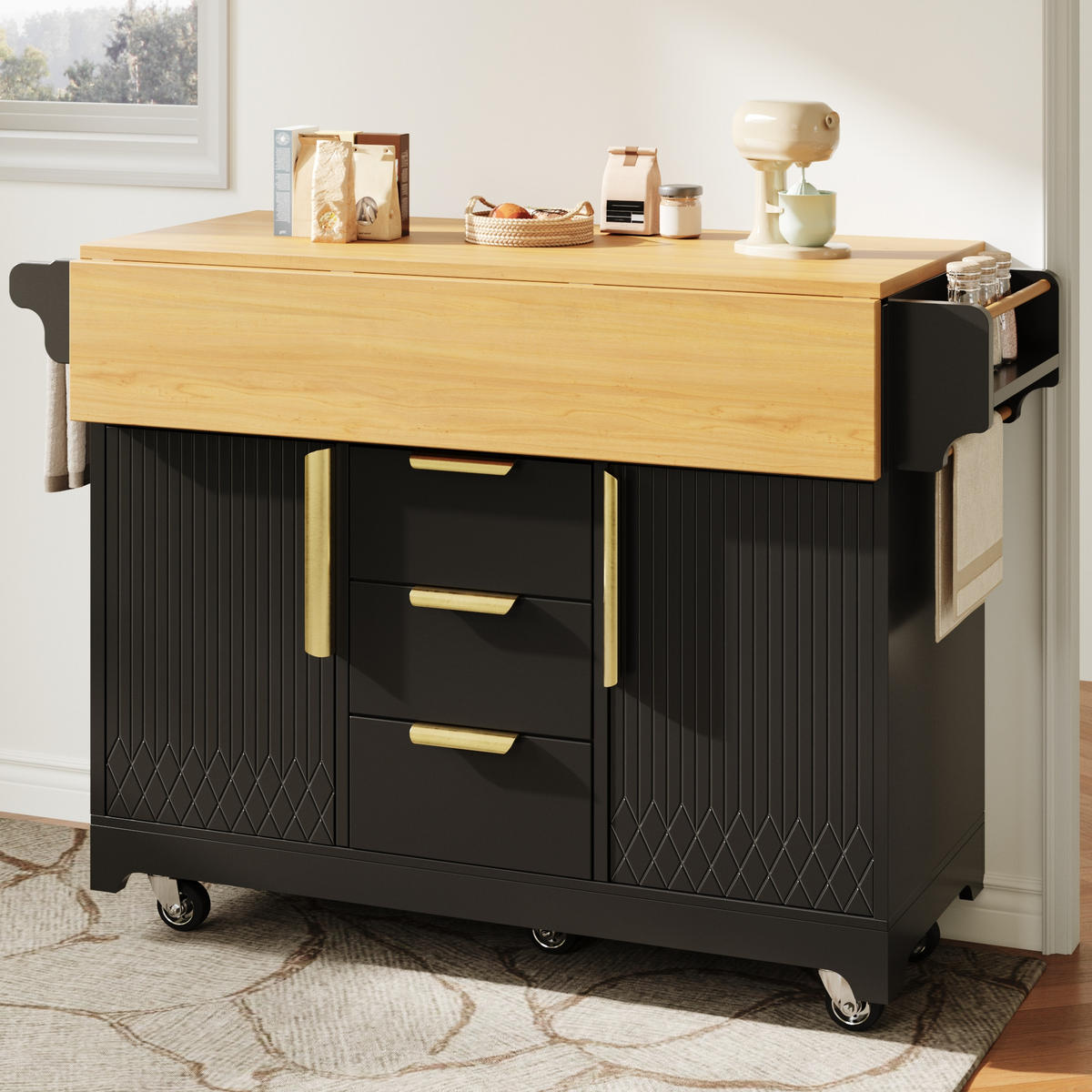 KÜCHENINSEL DE-38364 120/197 cm ausklappbar mit 3 Schubladen Schwarz - Schwarz, Holzwerkstoff (120/95/40cm) - ComfortXL
