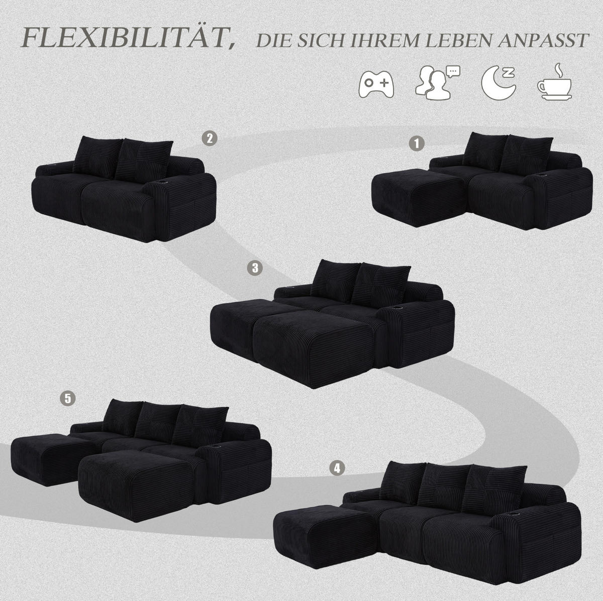 WOHNLANDSCHAFT 268/174/66 cm in Schwarz, modular mit 2 Hockern und Cupholder - Schwarz, Textil (174/80/268cm) - Flora Grace