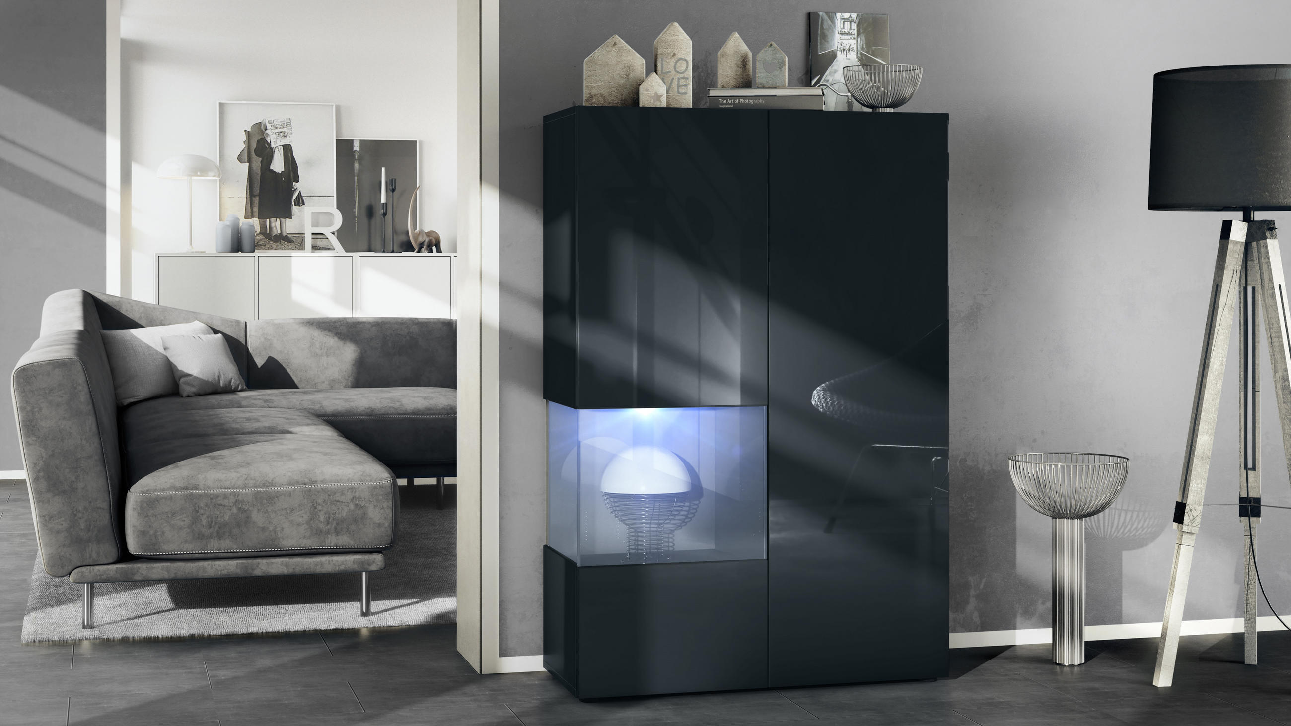 VITRINE Morena Einsatz in Grau Hochglanz - Grau, Holzwerkstoff (91.5/136.5/37cm) - Vladon