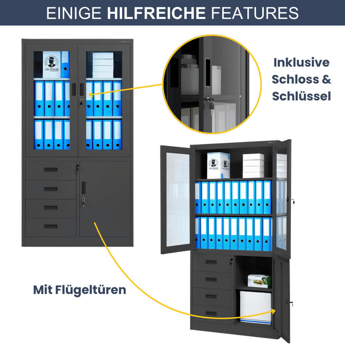VITRINENSCHRANK abschließbar PUMME mit Schubladen 185x90x40cm Anthrazit - Anthrazit, Metall (90/185/40cm) - DELUKE