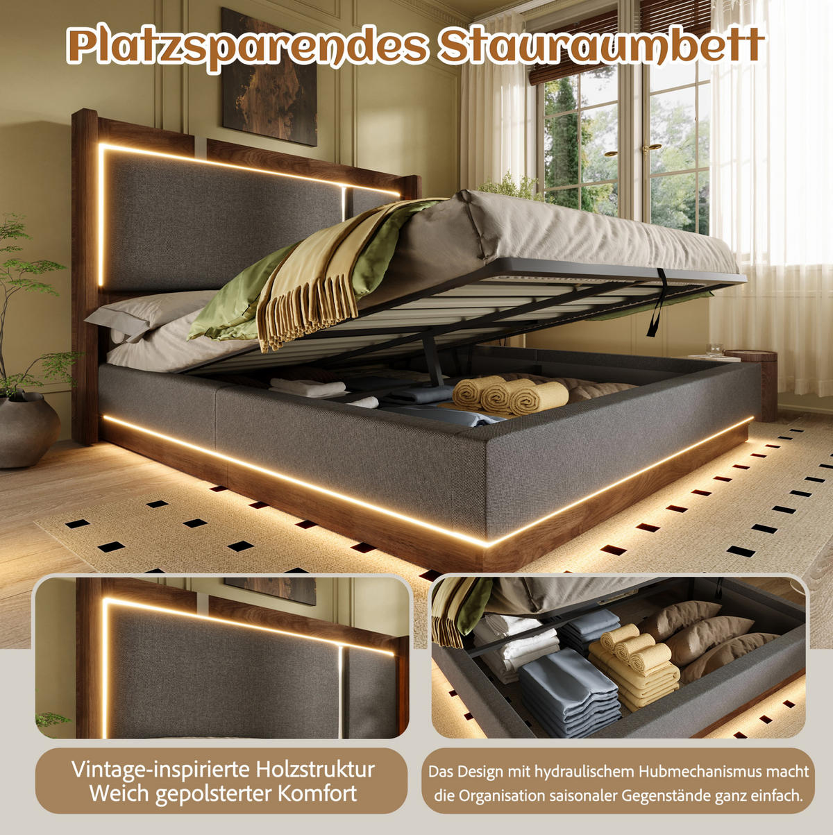 POLSTERBETT 140x190 cm in Grau mit LED-Beleuchtung und Stauraum - Grau, Textil (140/190cm) - IVMEU