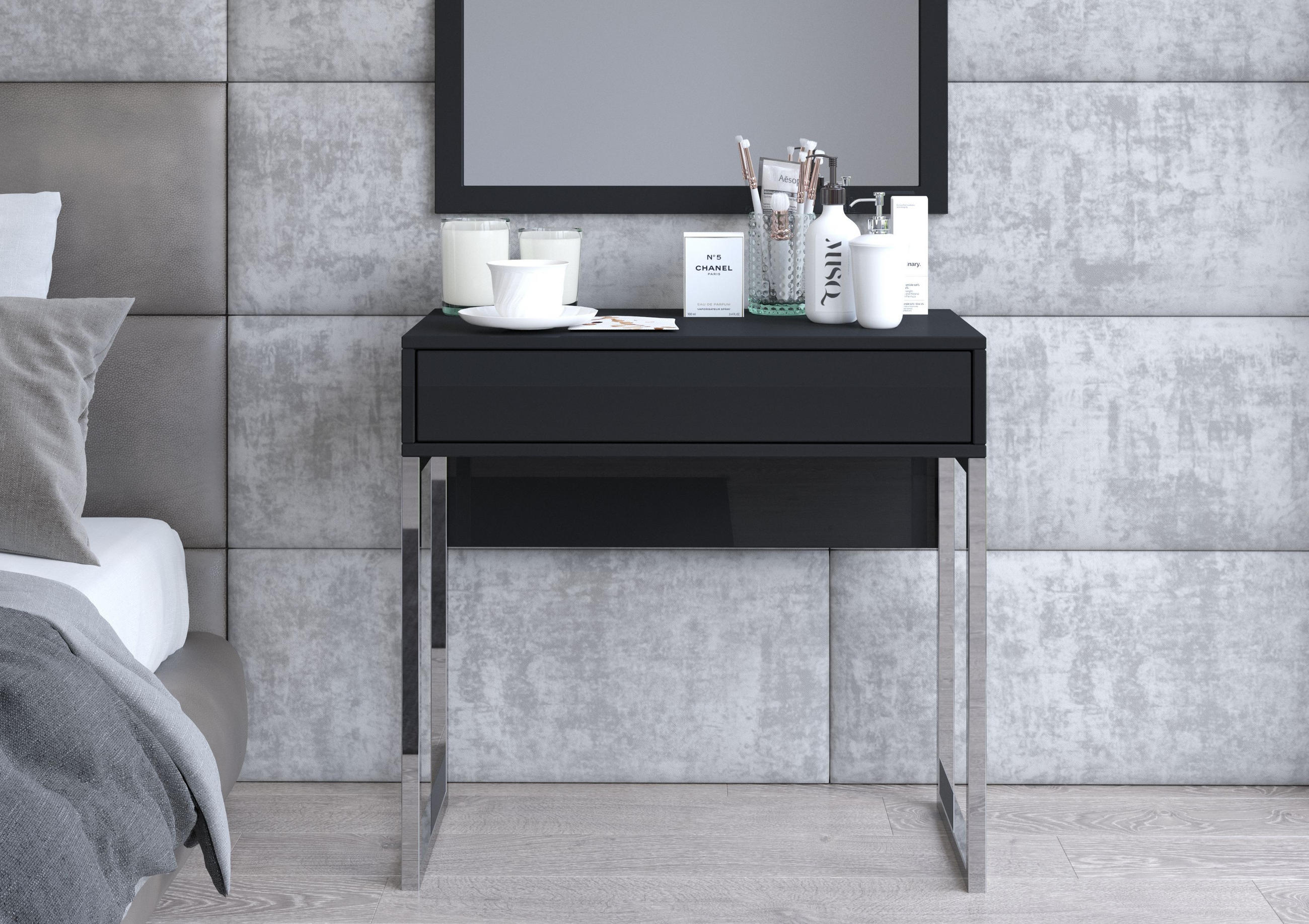 SCHMINKTISCH Eva, Schwarz, Silberne Beine, Hochglanz - Schwarz Hochglanz/Silberfarben, Holzwerkstoff/Metall (40/80/76cm) - Kayani