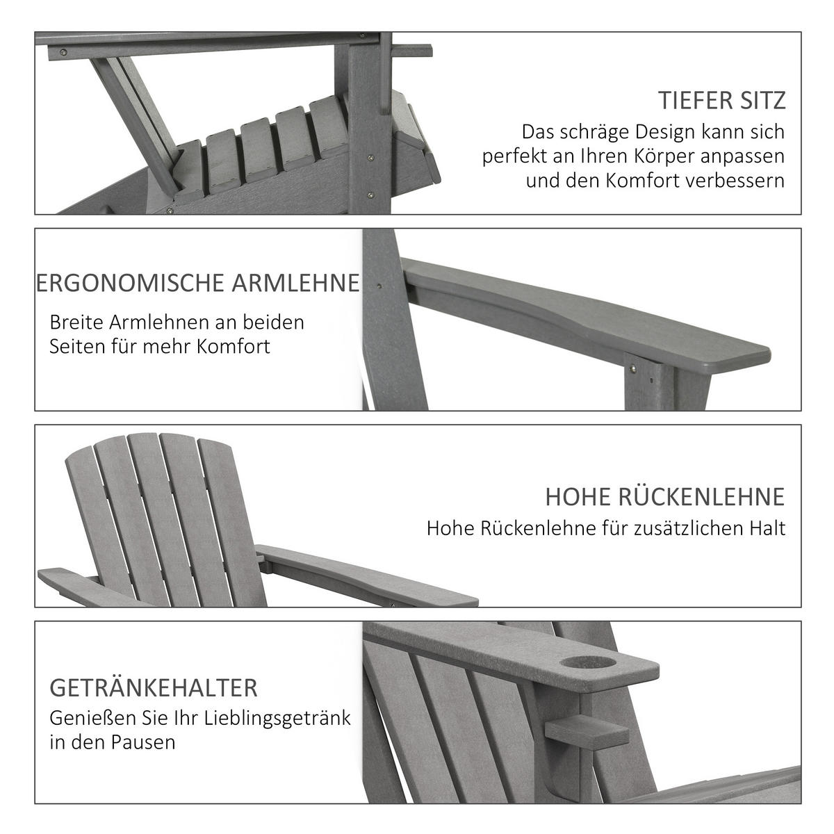 GARTENSTUHL mit Getränkehalter, Adirondack, Grau, HDPE, 75 x 87 x 90 cm - Grau, Kunststoff (87/90/75cm) - Outsunny