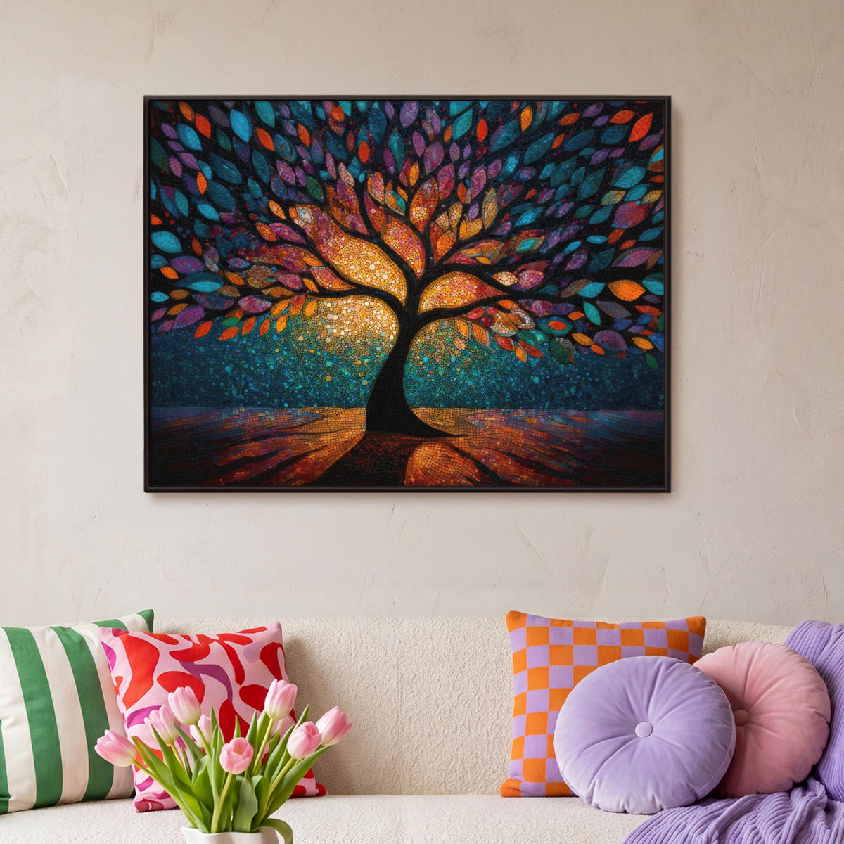 LEINWAND Bilder mit Rahmen - Mosaik - Bunt - Baum - Äste - 100x70 - Multicolor, Textil (100/70cm) - MuchoWow