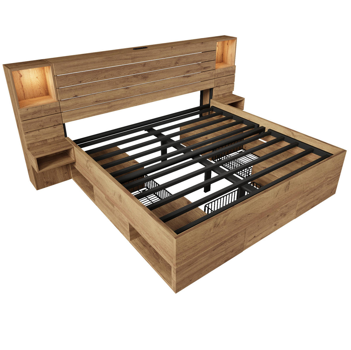 BETT 180/200 cm Eiche aus Holz mit LED-Beleuchtung, Ladeanschlüssen und Stauraum - Eichefarben, Holzwerkstoff (180/200cm) - OKMYHOME