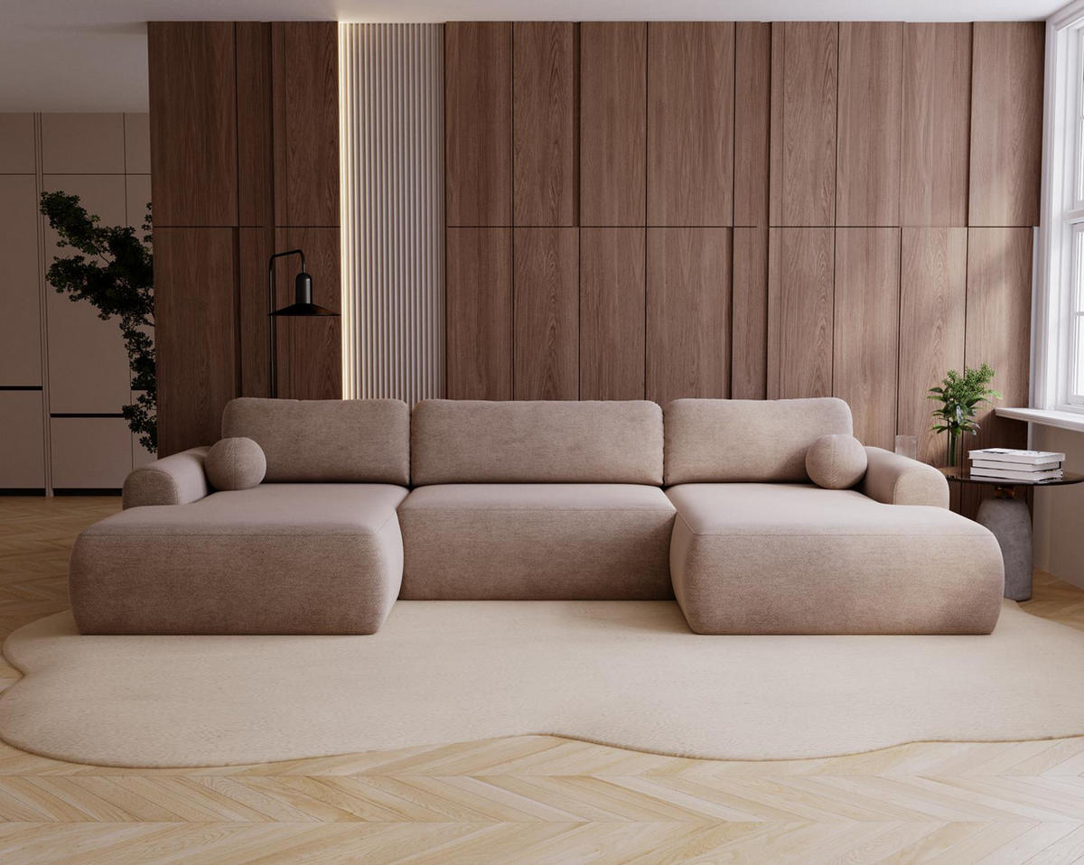 WOHNLANDSCHAFT Aurora Hellbeige, mit Schlaffunktion in Vena Stoff - Sandfarben, Holzwerkstoff/Textil (344/92/177cm) - Bettso