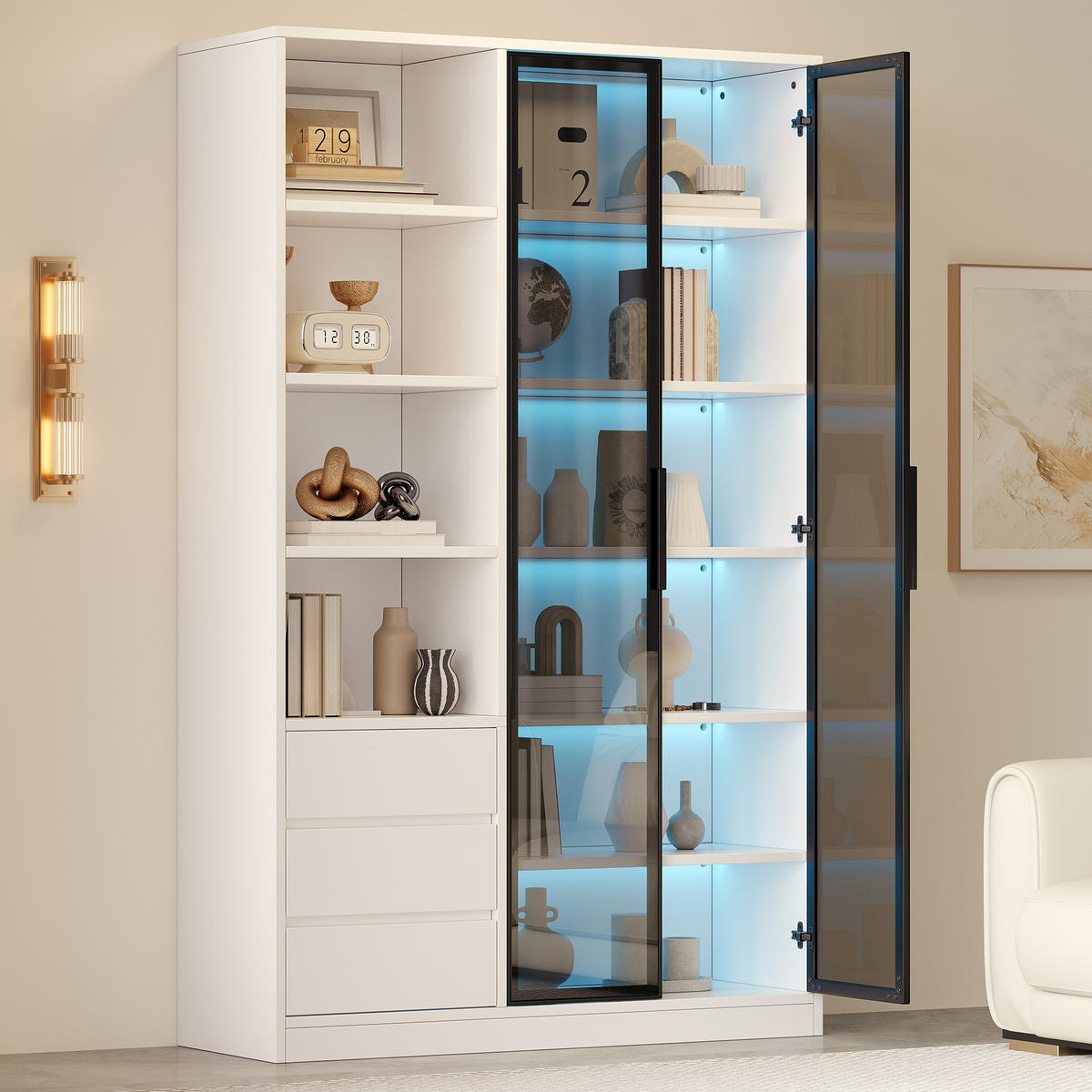 HOCHSCHRANK Weiß mit LED, 3 Schubladen und Glastüren - Weiß, Holzwerkstoff (100/160/35cm) - FLIEKS