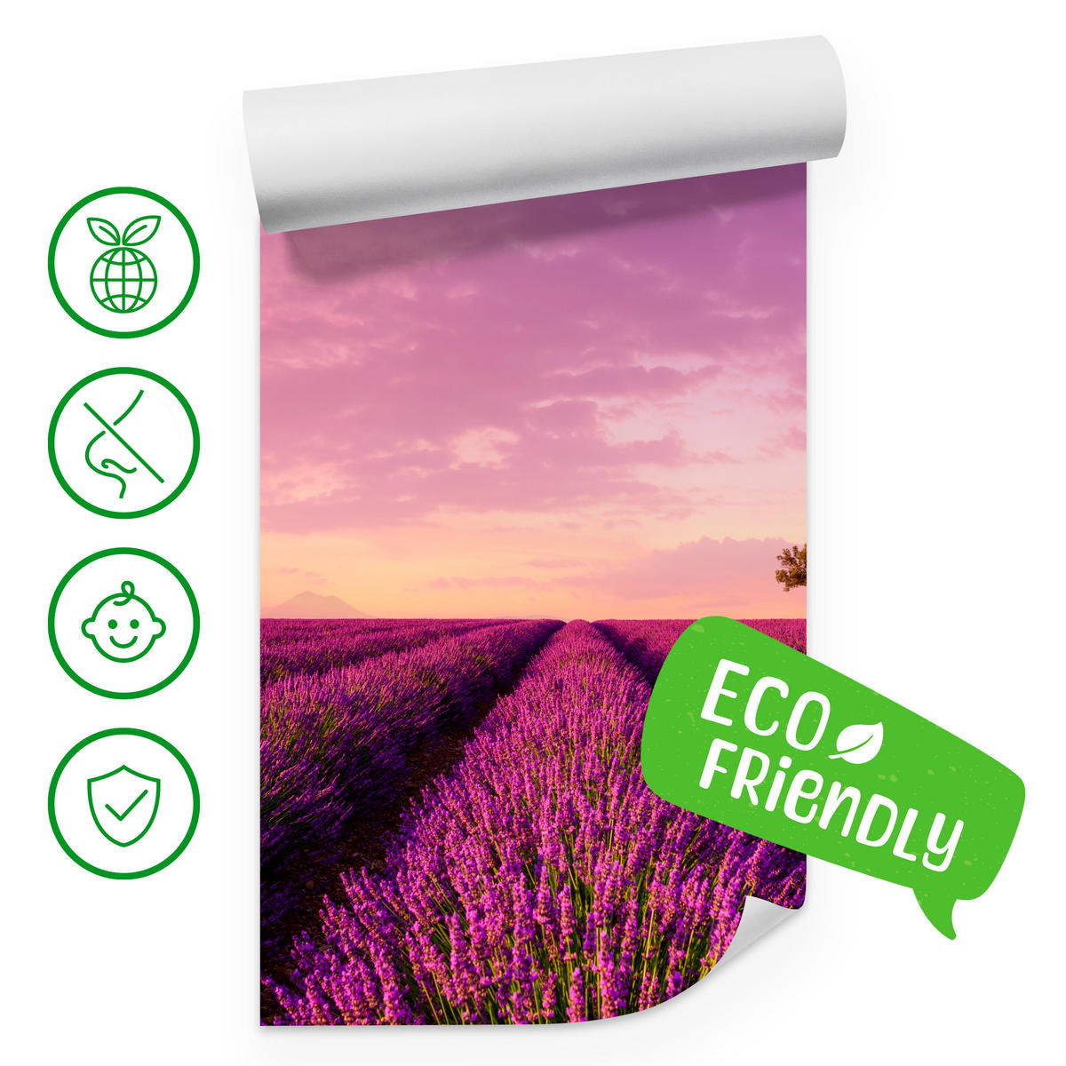 FOTOTAPETE für Wohnzimmer Lavendelfeld Heißluftballon Provence 250x175 - Violett/Lila, Papier (250/175cm) - Muralo