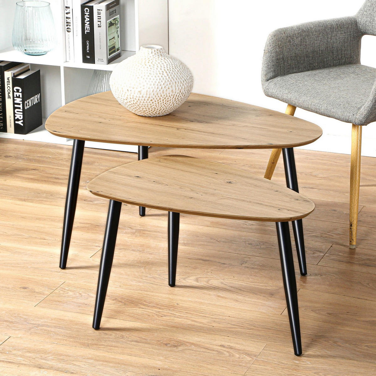 TISCH ineinander 2er-Set mit Metallbeinen 80/60/42 cm - Eschefarben, Holzwerkstoff (80/60/42cm) - Calicosy