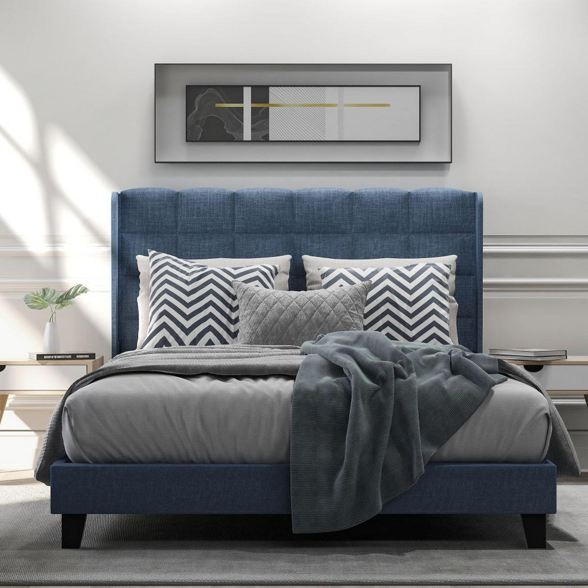 POLSTERBETT 140/200 cm in Blau Leinen - Blau, Holz/Textil (140/200cm) - KOMHTOM