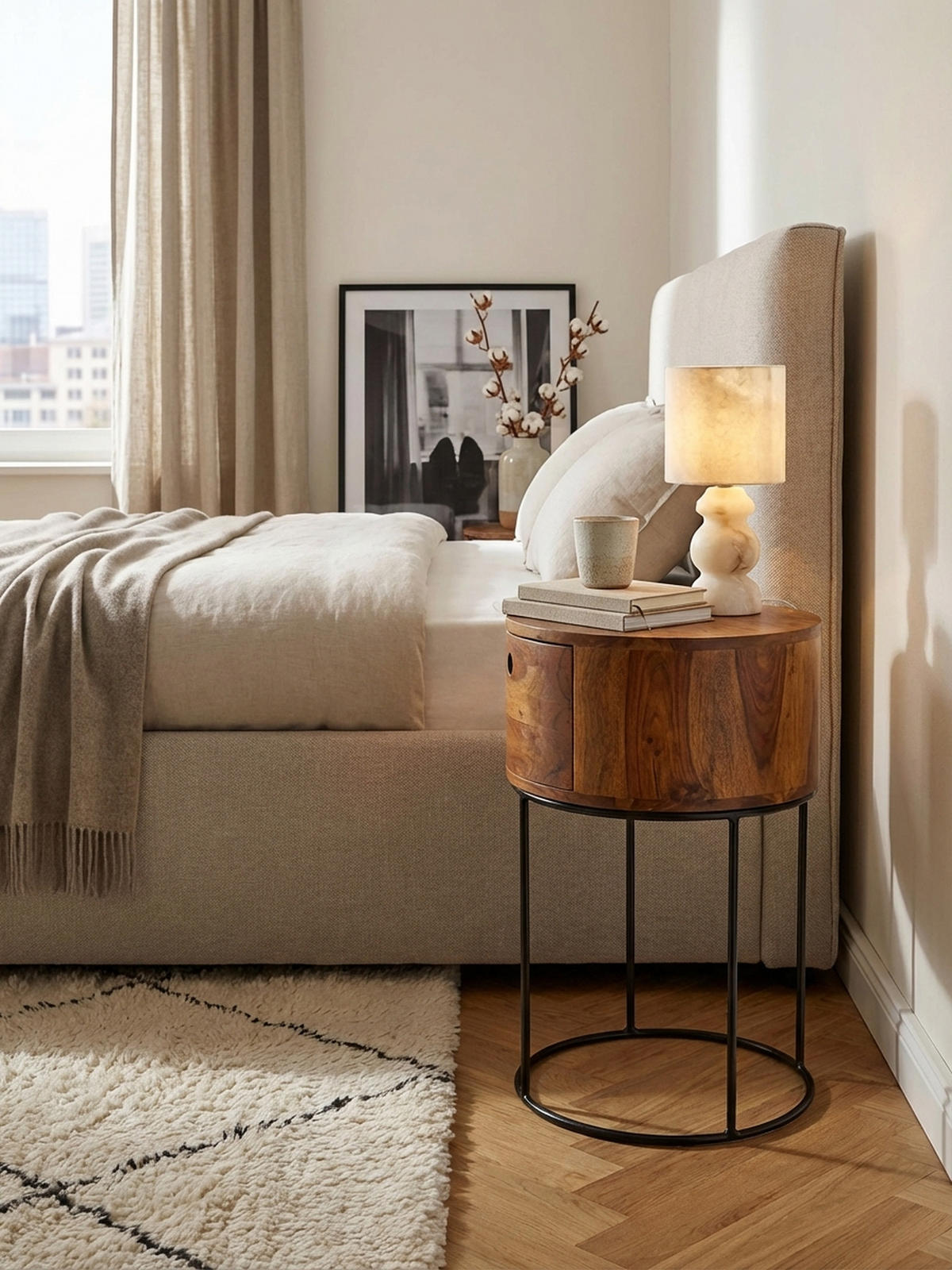 NACHTKONSOLE Massivholz mit Schublade rund Modern Braun - Schwarz/Braun, Holz/Metall (40/60/40cm) - KADIMA DESIGN