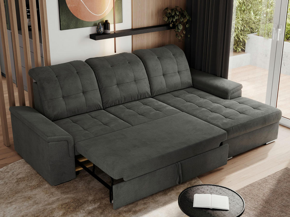ECKSOFA MADRITO L - Dunkelgrau Velorus - Rechts - Dunkelgrau/Silberfarben, Textil/Metall (256/160cm)