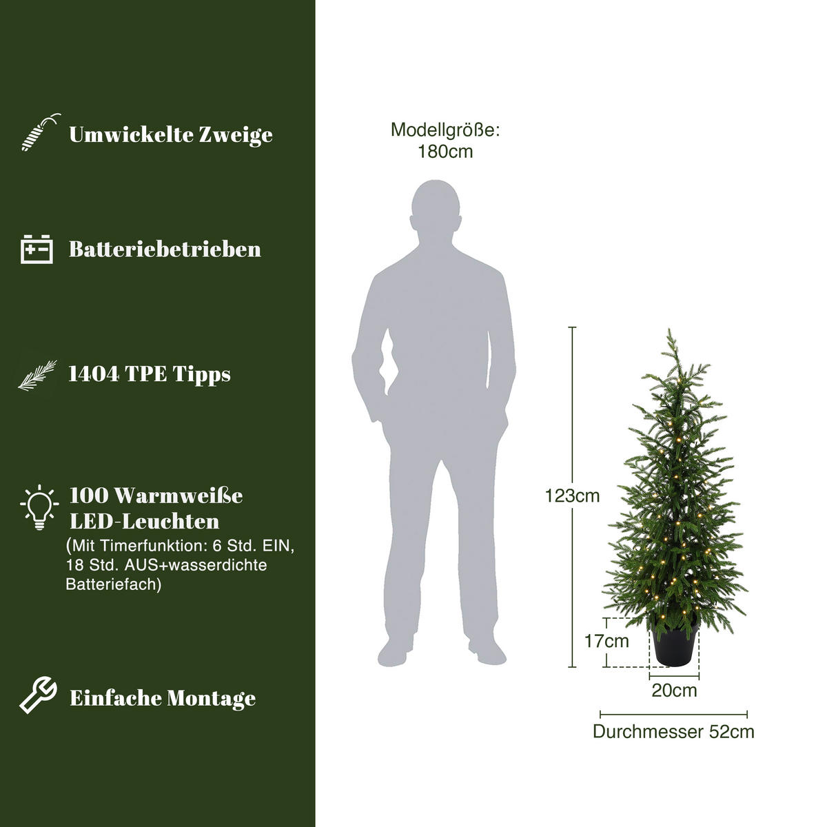 KÜNSTLICHER Weihnachtsbaum im Topf, 123 cm, 100 warmweiße LEDs - Grün, Kunststoff (52/123cm) - Hometopia