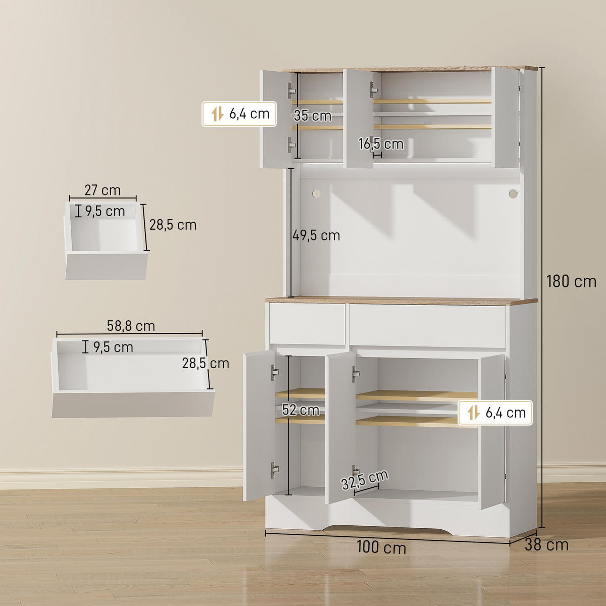 BUFFET DE-11308 LED-RGB, 6 Türen & 2 Schubladen mit Arbeitsplatte Weiß - Weiß, Holzwerkstoff (38/180/100cm) - ComfortXL